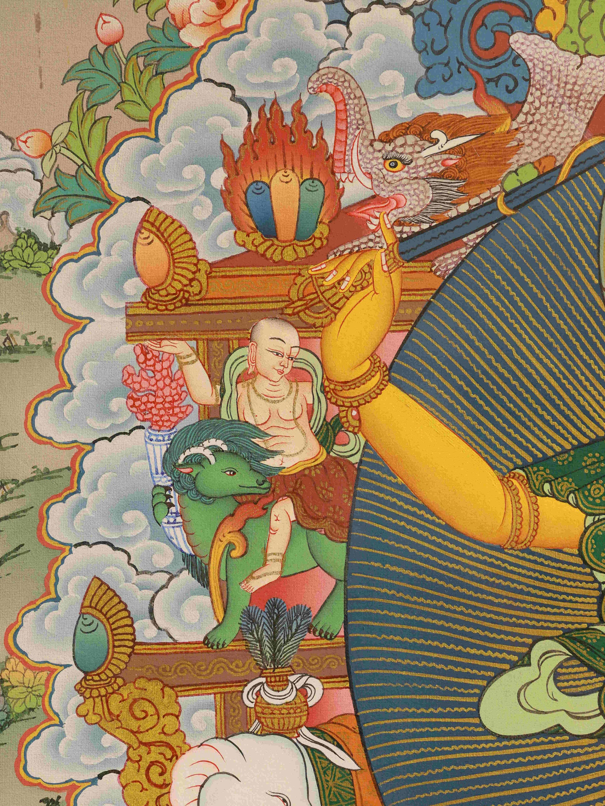 Tibetan Buddhist Thangka depicting Manjushri Bodhisattva, Buddha art style, handmade