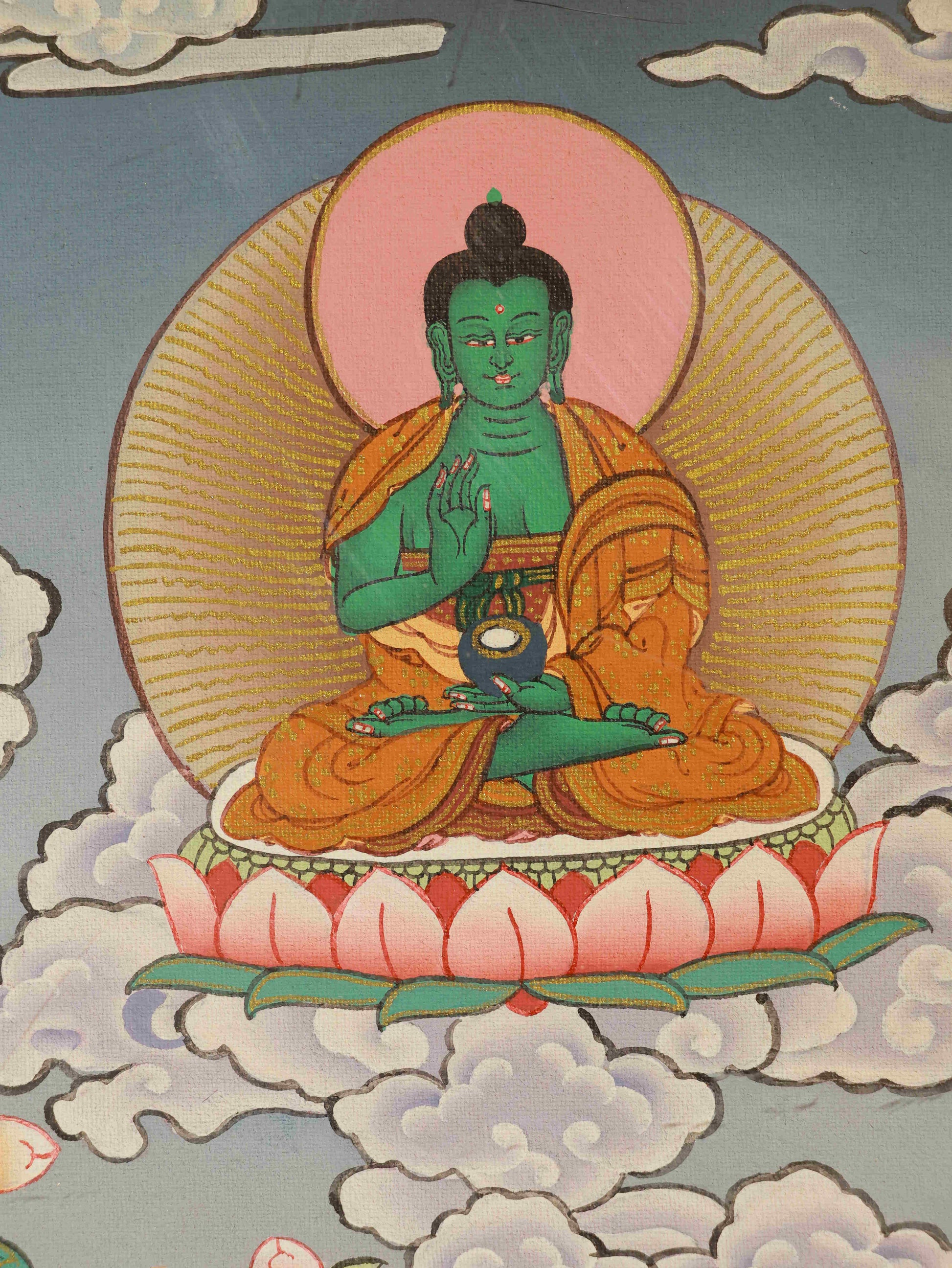 Tibetan Buddhist Manjushri Thangka, intricate hand-painted details, Buddha art decor