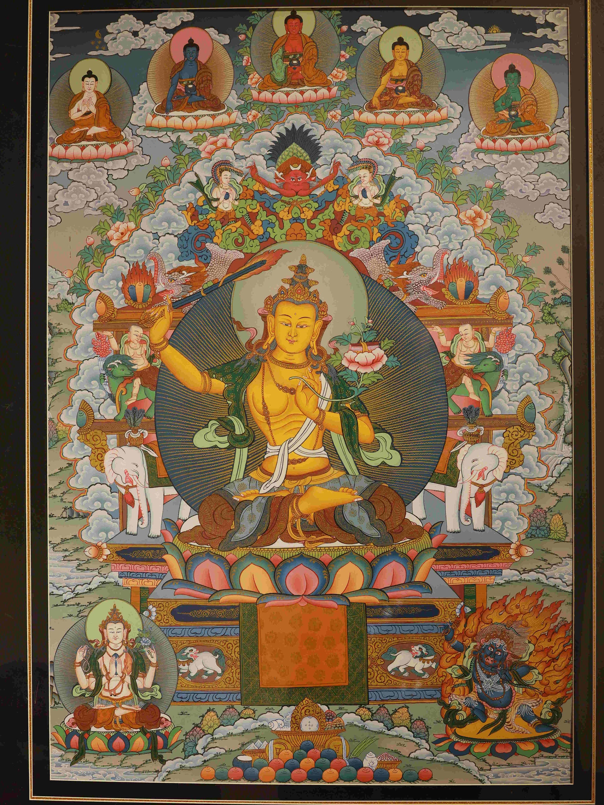 Manjushri Bodhisattva Thangka, handmade Tibetan painting, sacred Buddha art for display