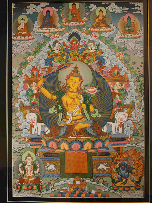 Manjushri Bodhisattva Thangka, handmade Tibetan painting, sacred Buddha art for display