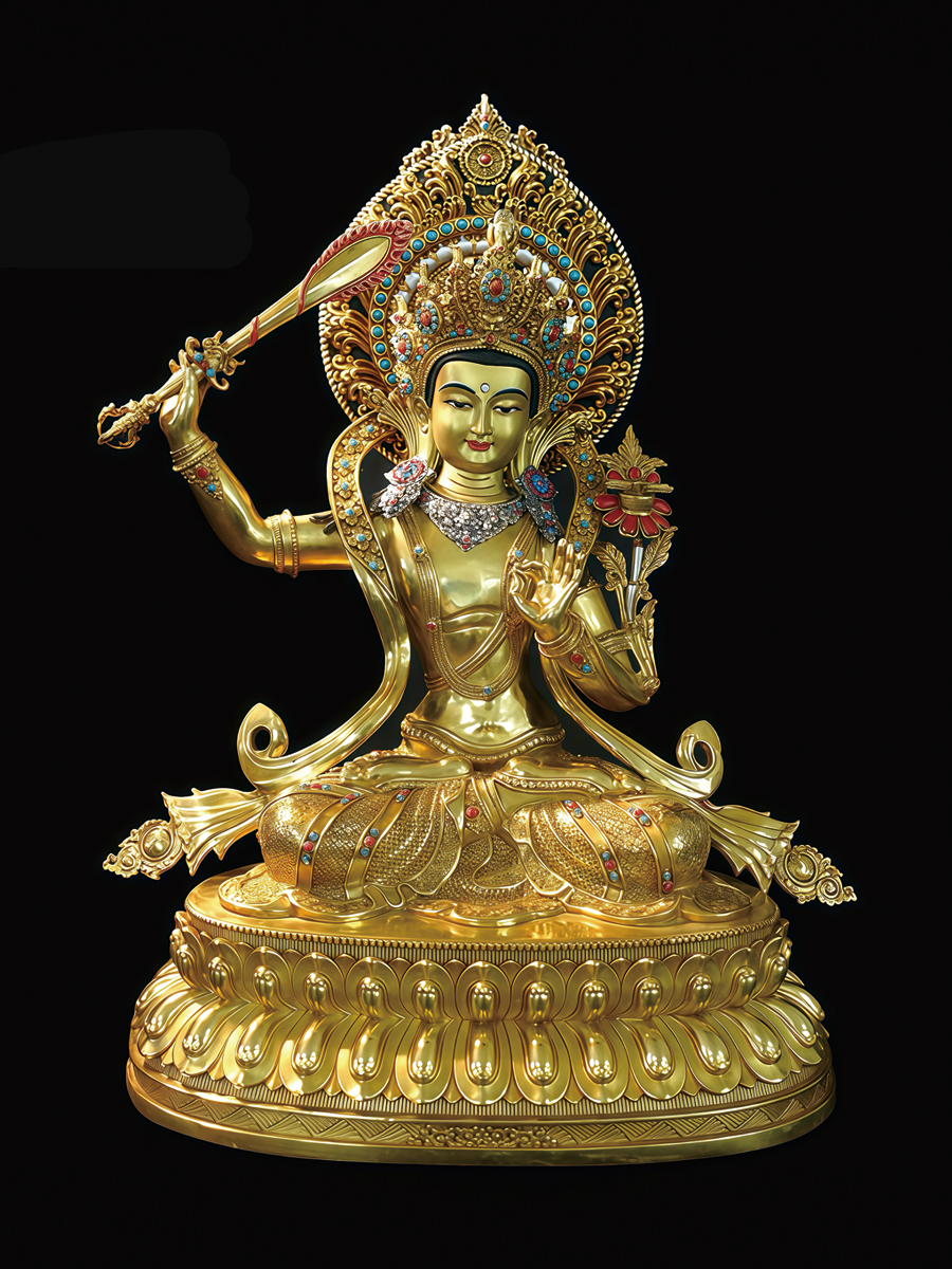 Exquisite hand-painted Manjushri Bodhisattva copper statue, a masterpiece of Tibetan Buddhist statues and Buddha Statue-Art symbolizing supreme wisdom.