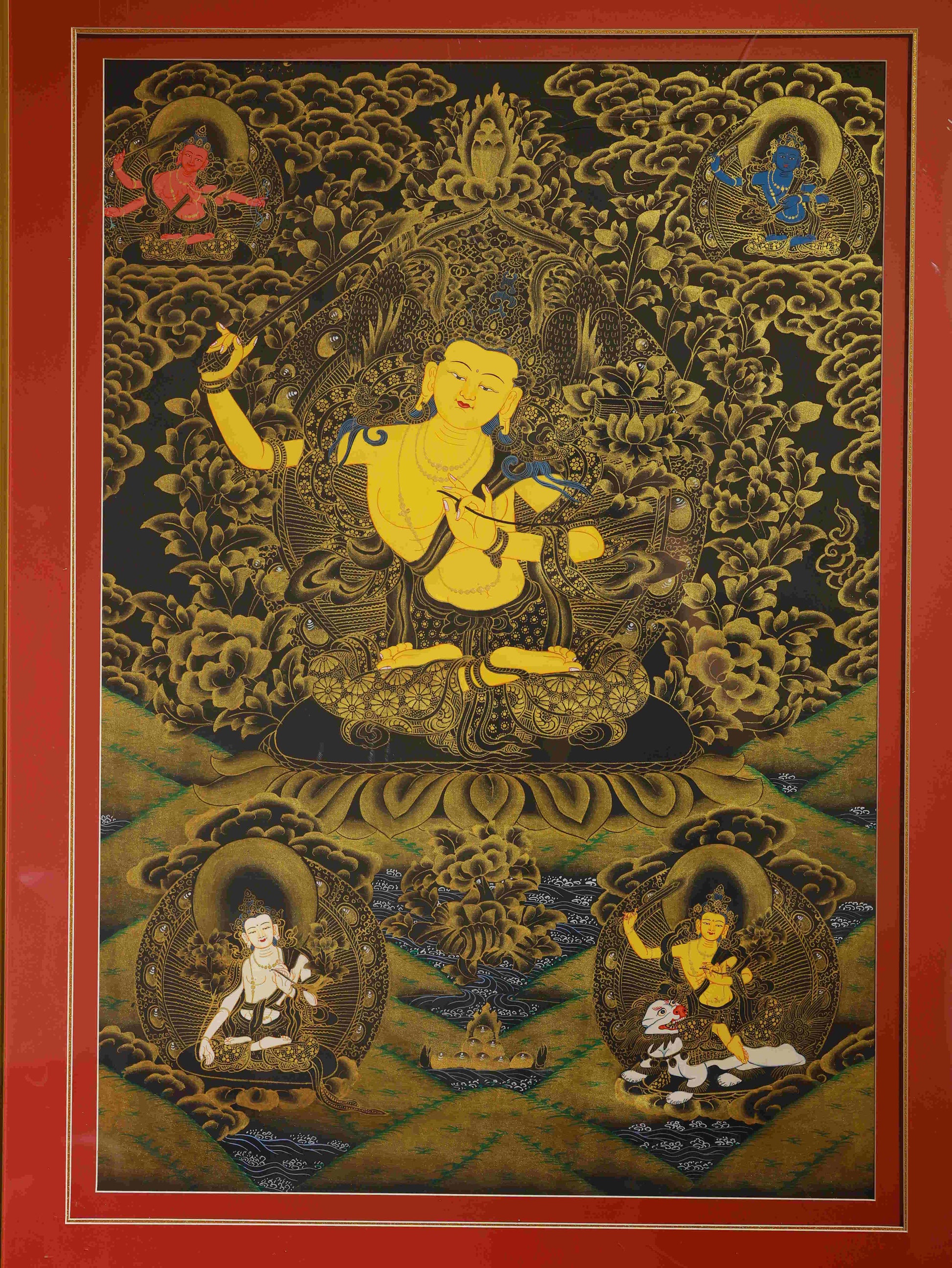 Sacred Thangka painting of Manjushri, the embodiment of transcendent wisdom in Tibetan Buddhism, created with mineral pigments and detailed handwork.