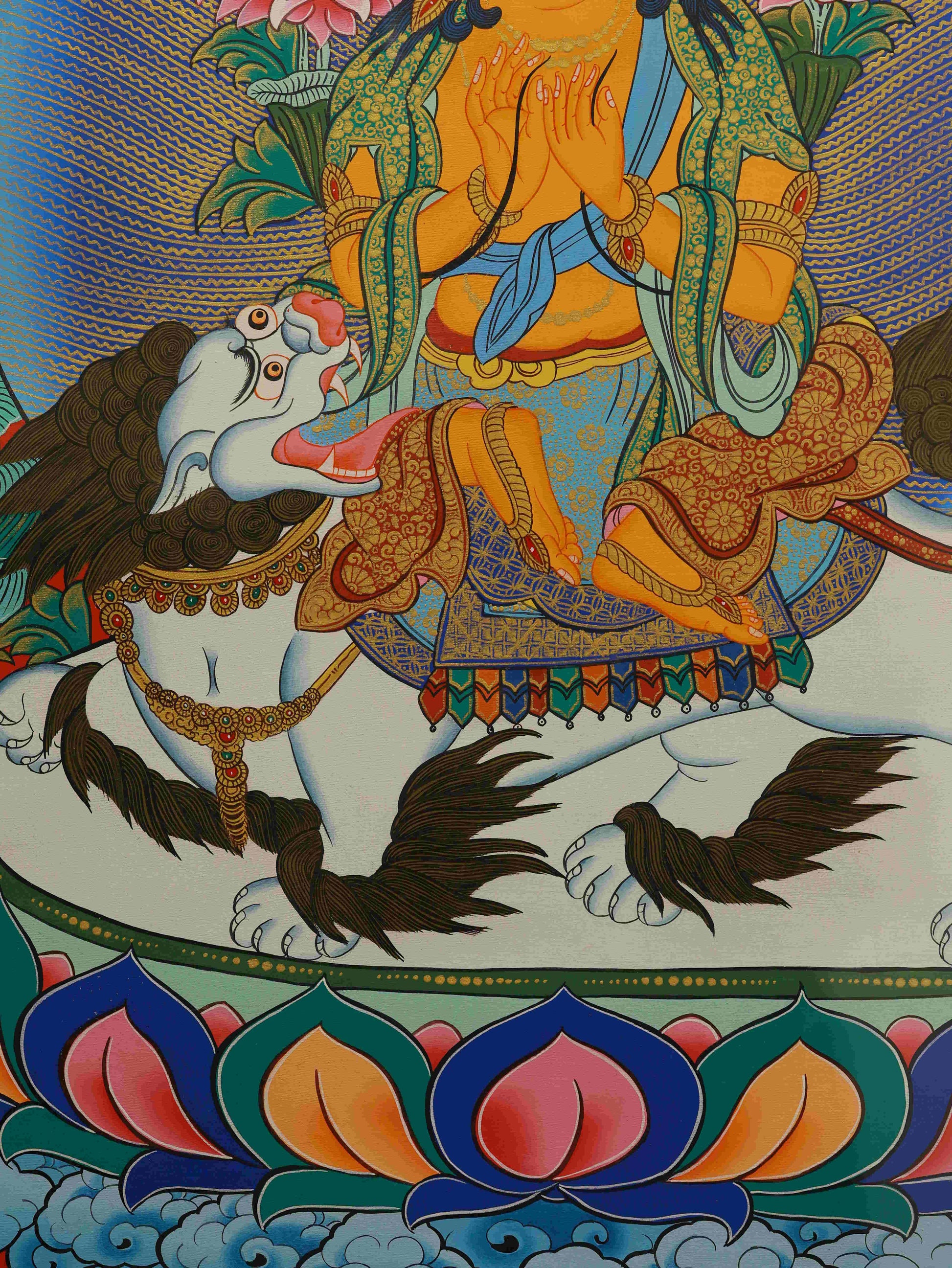 Traditional Tibetan Thangka painting of Wenshu Bodhisattva, pure hand-painted sacred art.