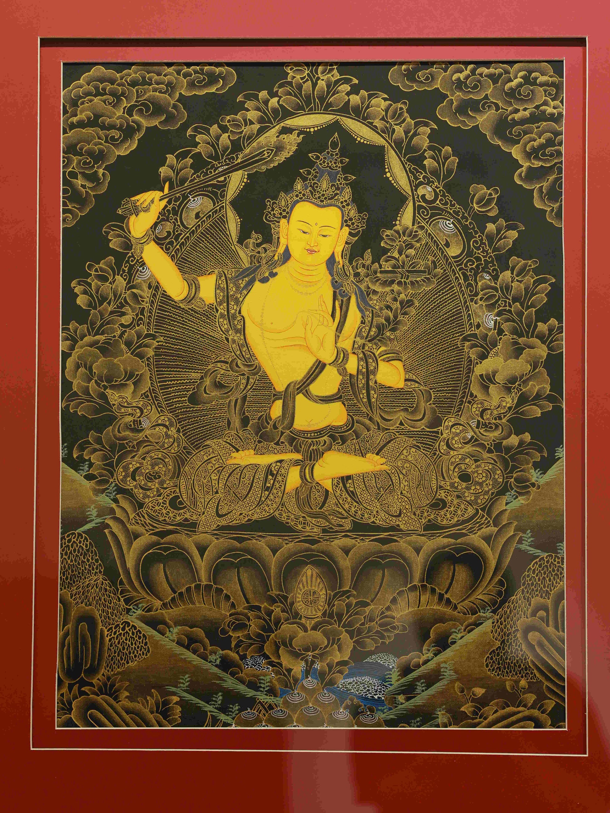 Hand-painted Tibetan Manjushri Thangka symbolizing wisdom, clarity, and spiritual insight.