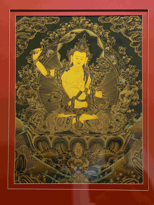 Hand-painted Tibetan Manjushri Thangka symbolizing wisdom, clarity, and spiritual insight.