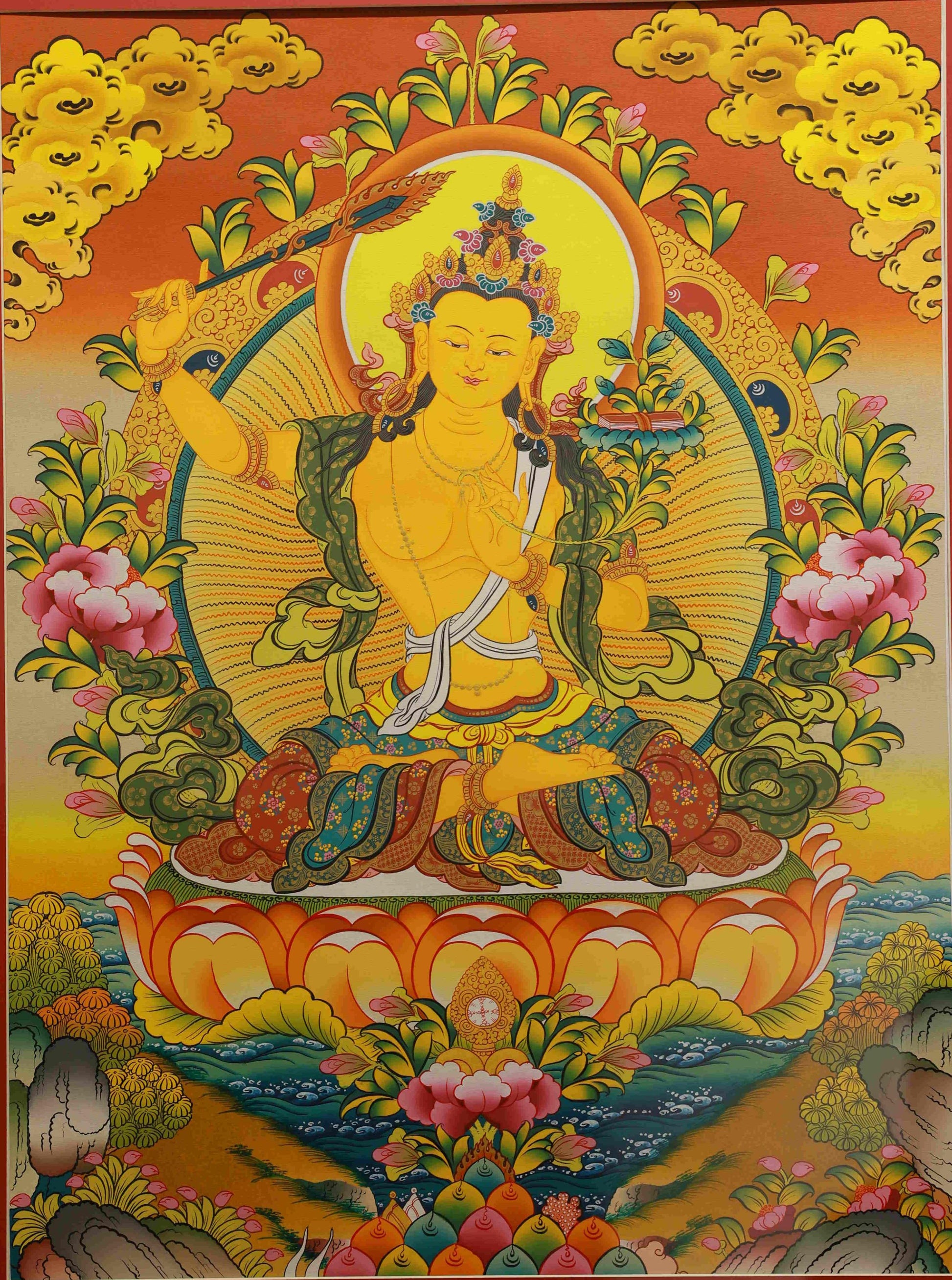 Tibetan Buddhist Manjushri Thangka Painting with Mineral Pigments - Wisdom Buddha Art