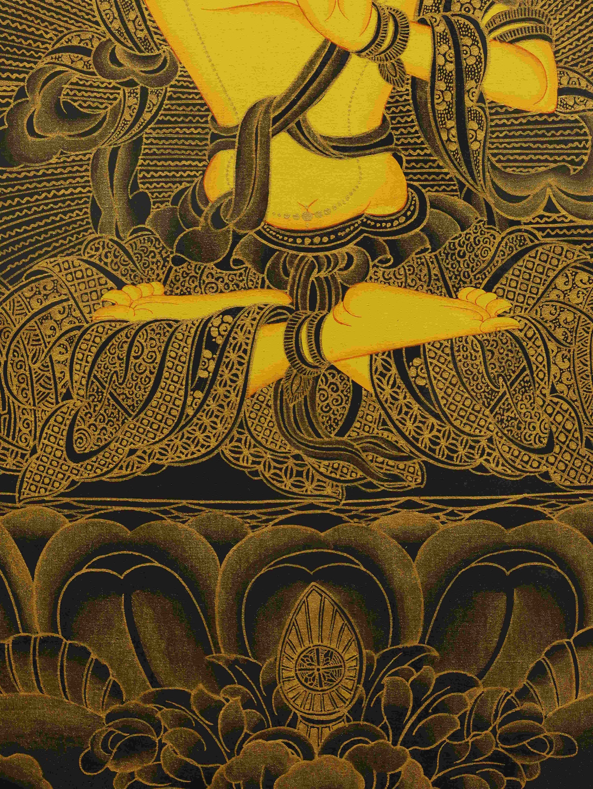 Tibetan Wisdom Deity Thangka, Manjushri, holding the flaming sword of knowledge.