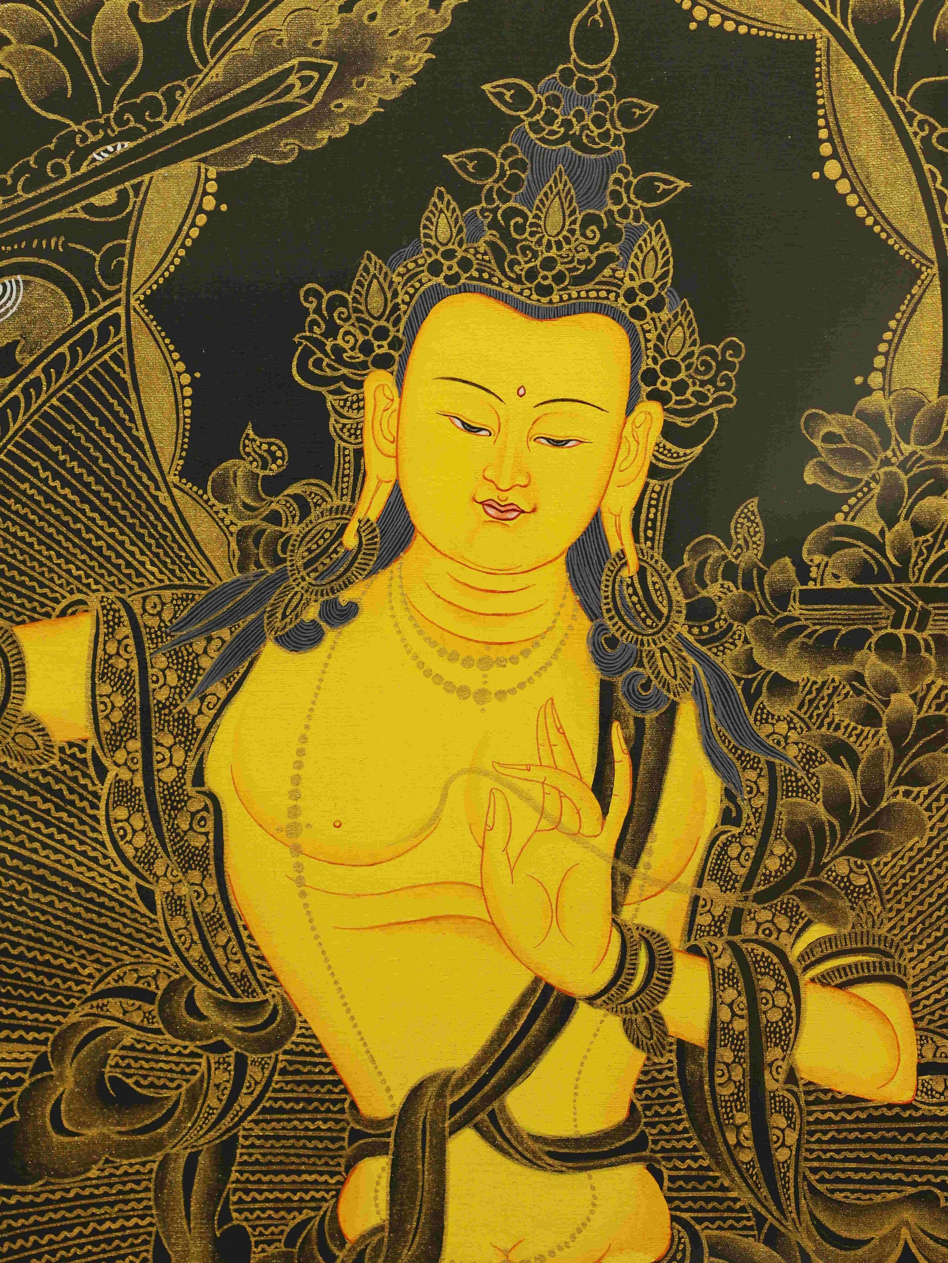 Handcrafted Manjushri Thangka painting promoting wisdom, clarity, and success in learning.