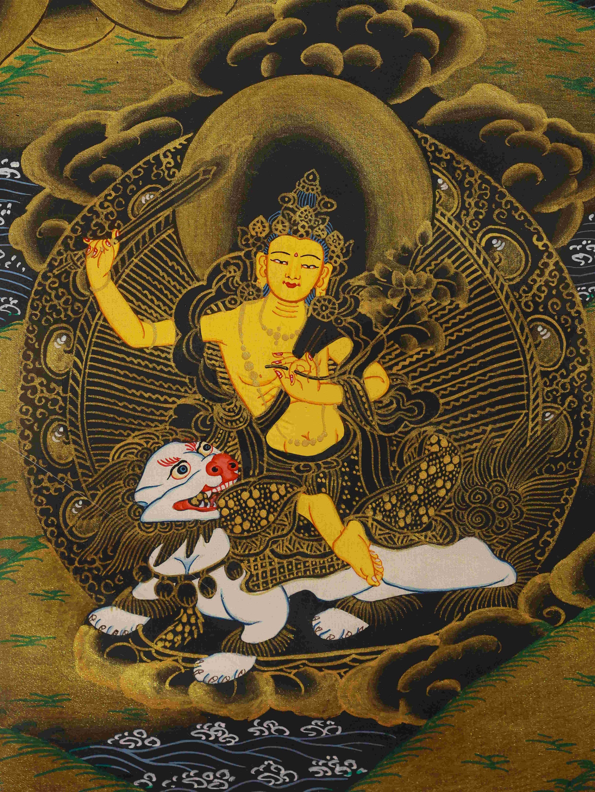Handcrafted Tibetan Buddhist Thangka of Manjushri, showcasing delicate brushwork, mineral-based pigments, and the essence of Buddhist spiritual art.