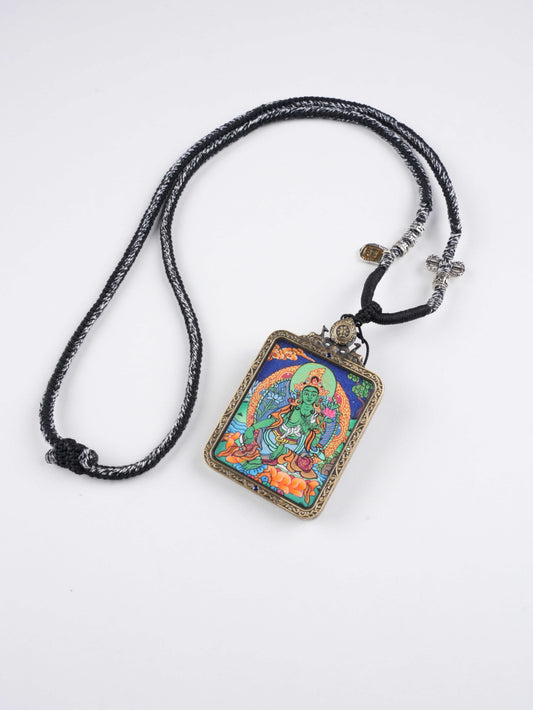 Tibetan Buddhist Manjushri zodiac guardian thangka pendant, hand-painted on traditional thangka canvas with mineral pigments, representing wisdom and protection for all twelve zodiac signs.