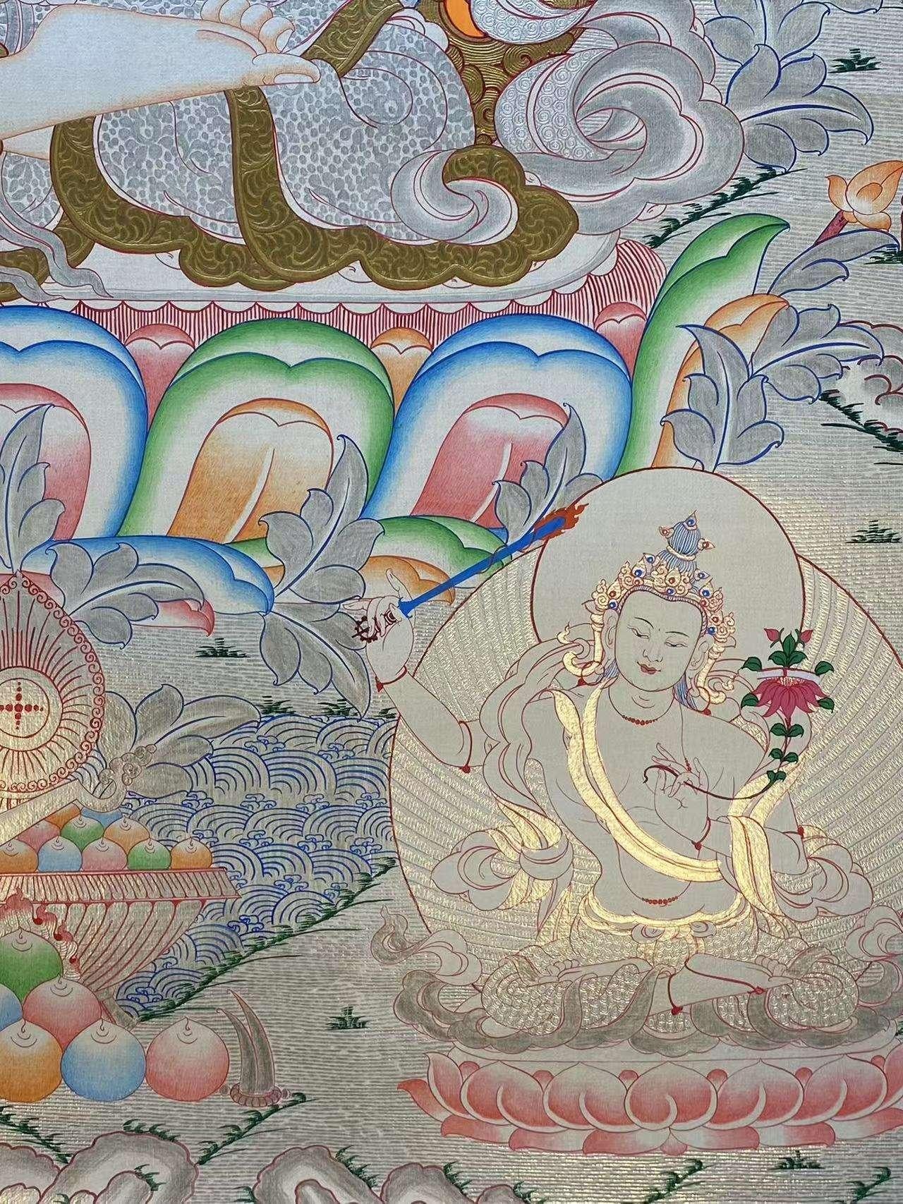 Collectible Manjushri Tibetan thangka, hand-painted sacred art for collectors and spiritual practitioners.