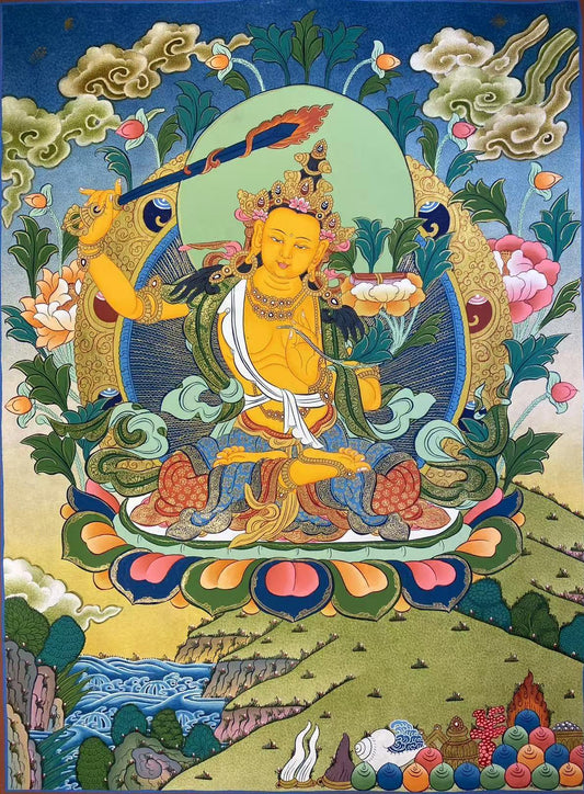Hand-painted Manjushri Tibetan thangka painting with mineral pigments, sacred Buddhist art for meditation and wisdom.