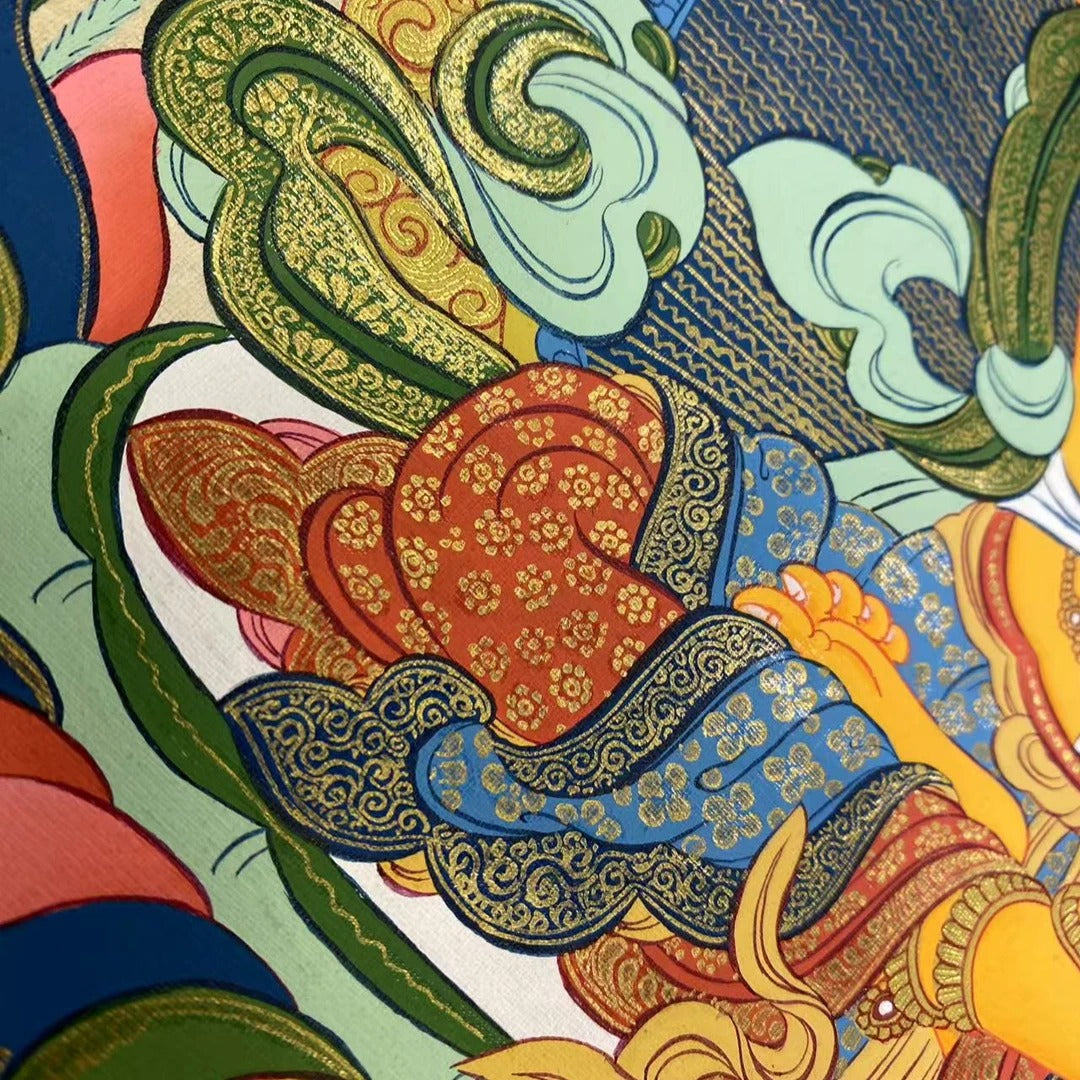 Exquisite Manjushri Tibetan thangka hand-painted on cloth, traditional sacred Buddhist artwork.