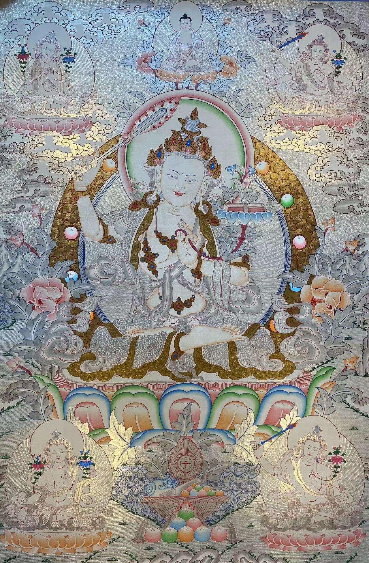 Hand-painted Manjushri Tibetan thangka painting with mineral pigments, sacred Buddhist art for meditation and wisdom.