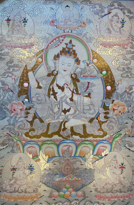 Hand-painted Manjushri Tibetan thangka painting with mineral pigments, sacred Buddhist art for meditation and wisdom.