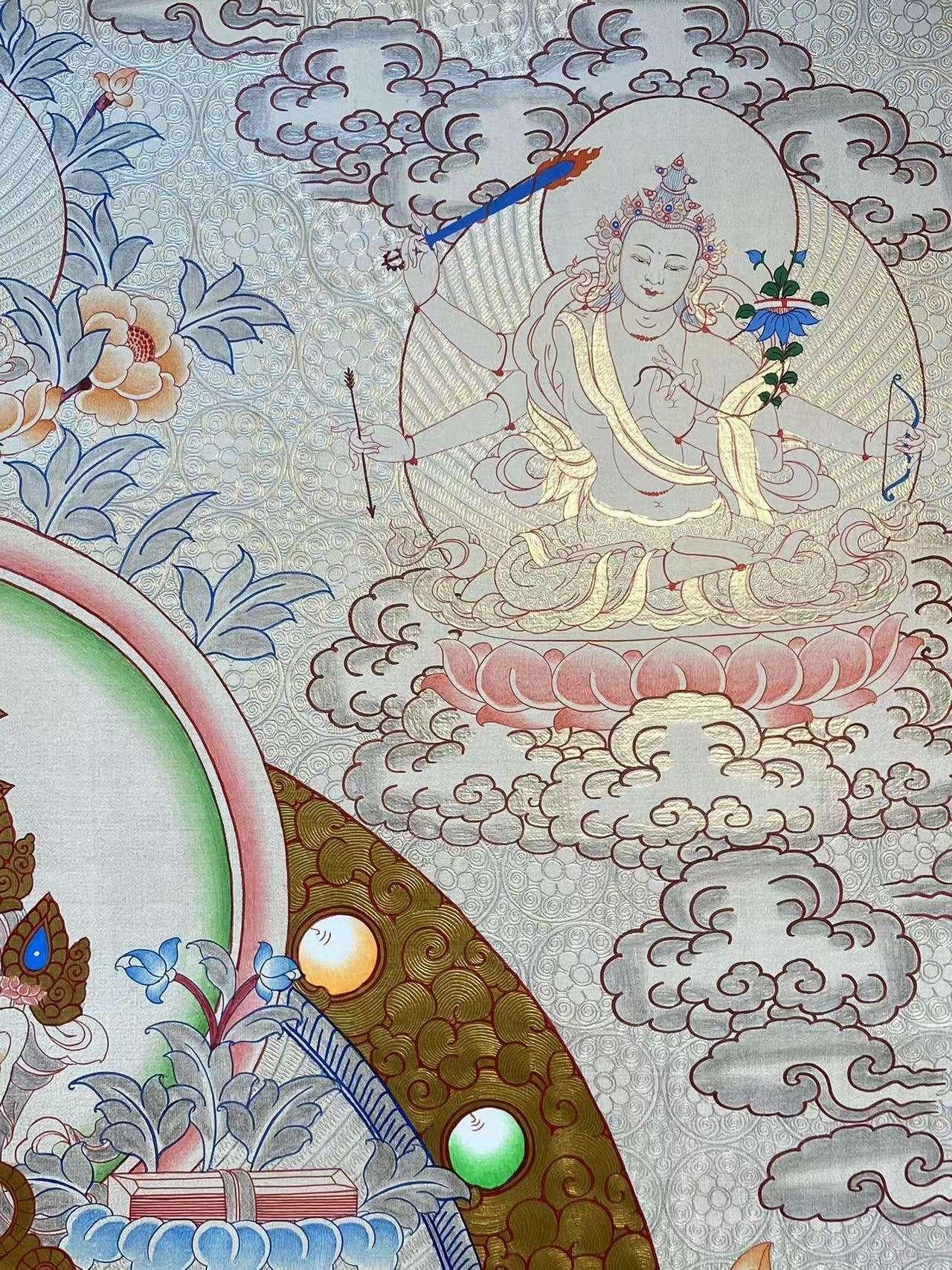 Manjushri thangka hand-painted with natural mineral pigments, showcasing traditional Tibetan art.