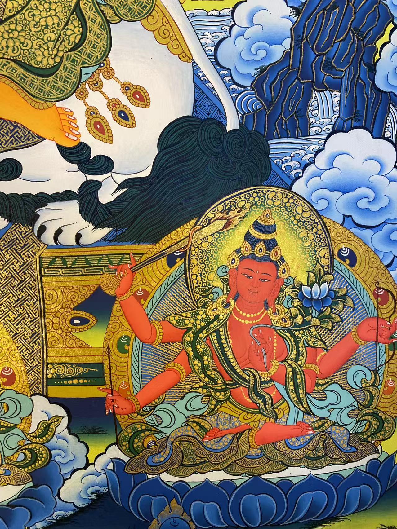 Manjusri thangka painting in Tibetan-buddhist tradition, pure hand-painted with mineral pigments for meditation and home altar.