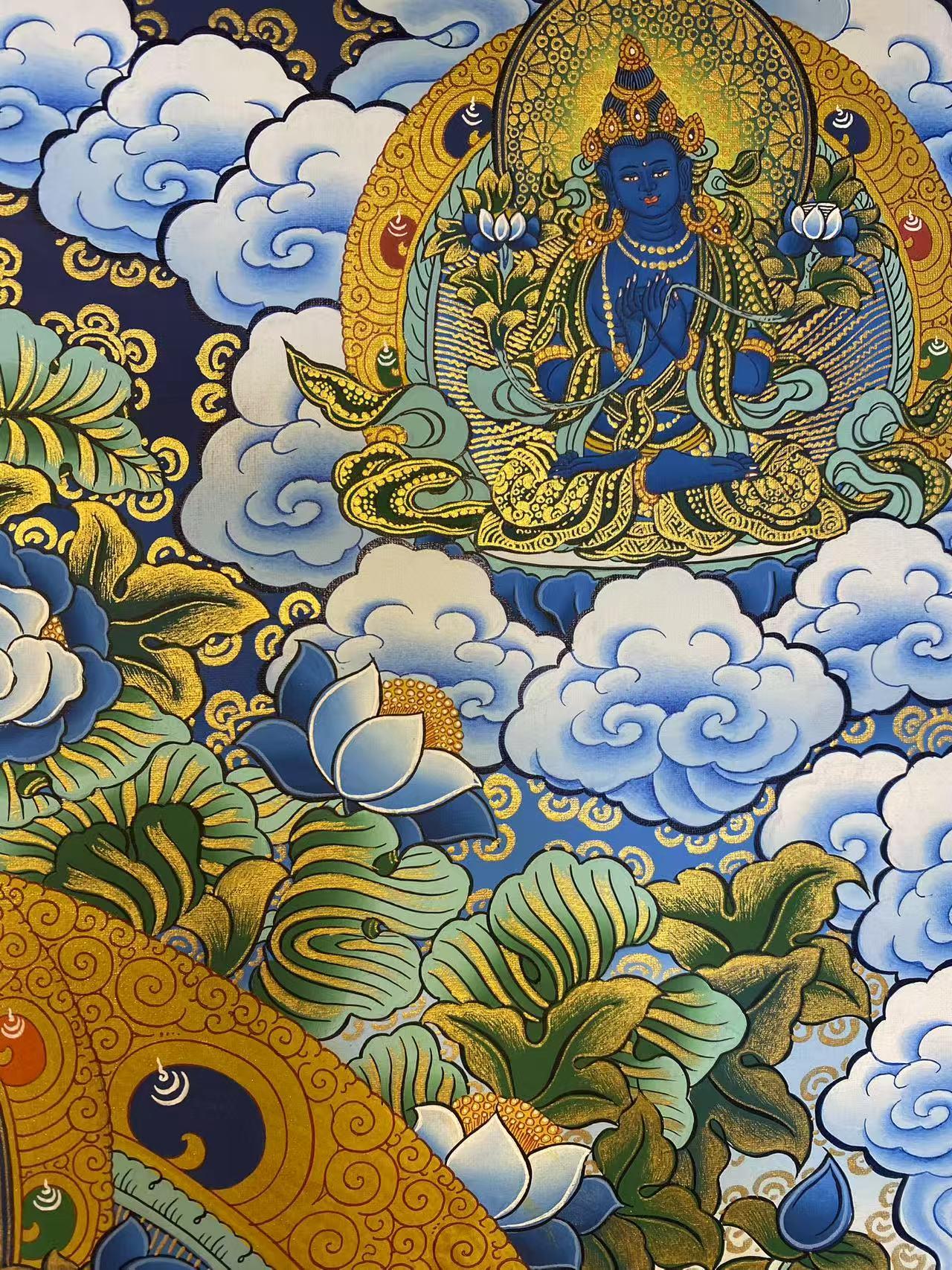 Exquisite Manjusri Tibetan thangka hand-painted with natural mineral colors, traditional Tibetan-buddhist sacred art piece.
