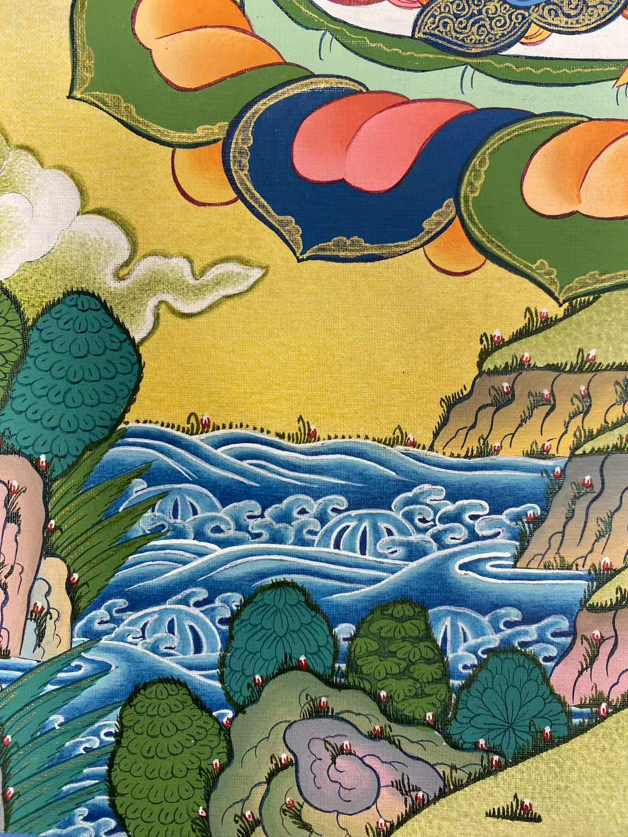 Manjushri thangka hand-painted with natural mineral pigments, showcasing traditional Tibetan art.