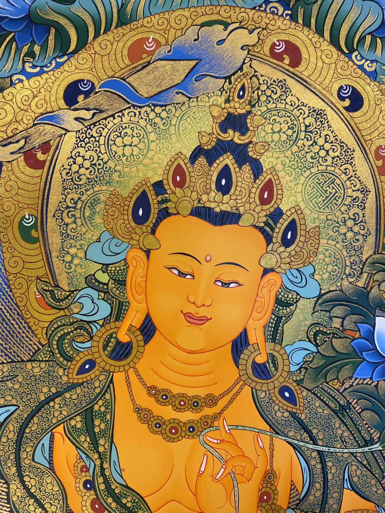 Hand-painted Tibetan thangka of Manjusri Bodhisattva, sacred Buddhist art with mineral pigments on cloth canvas.
