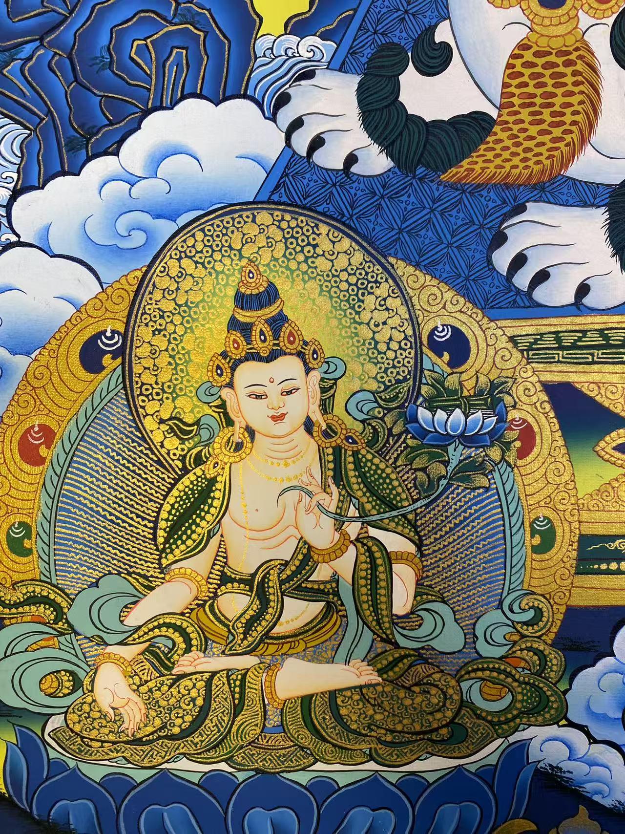 Tibetan-buddhist Manjusri thangka hand-painted with mineral pigments, detailed sacred art for collectors and practitioners.