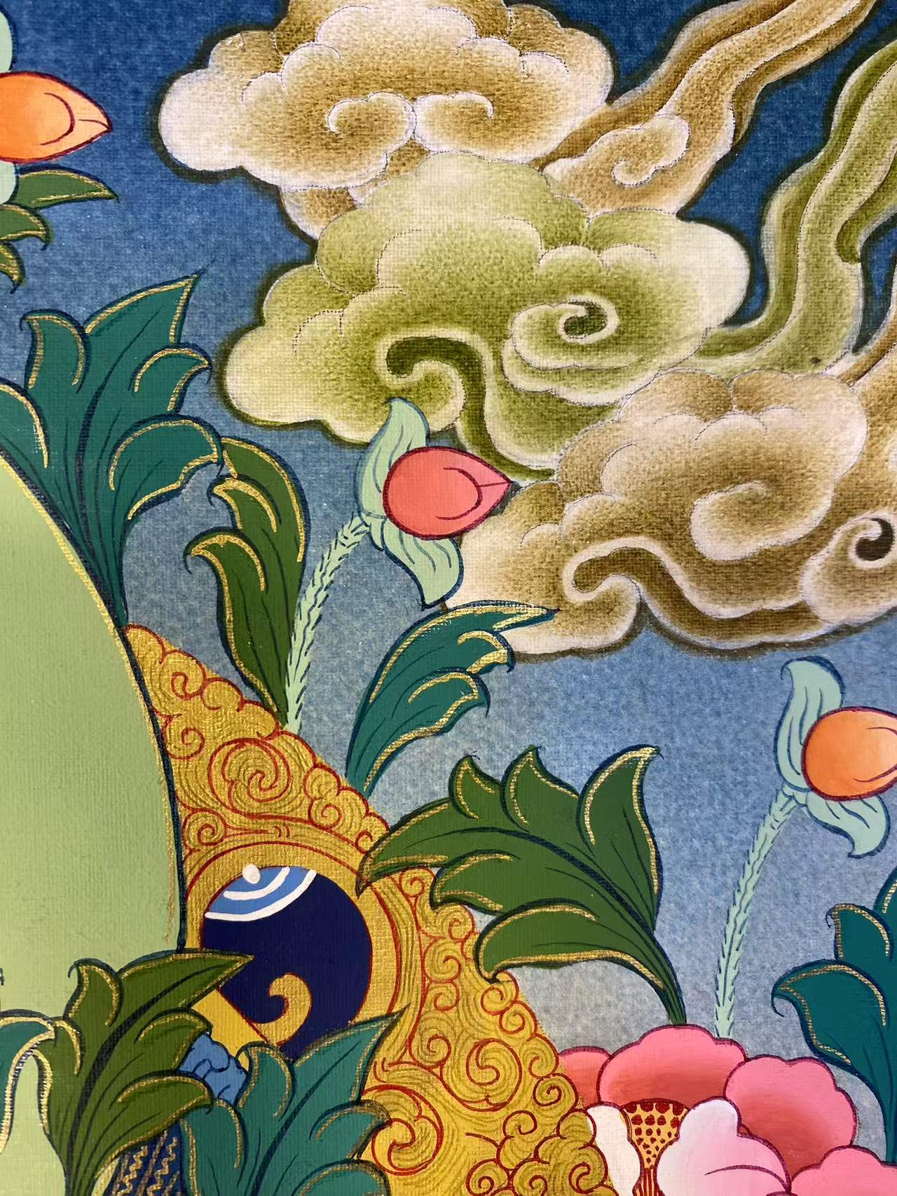 Tibetan-buddhist Manjushri thangka painting, handmade on thangka cloth using mineral pigments.