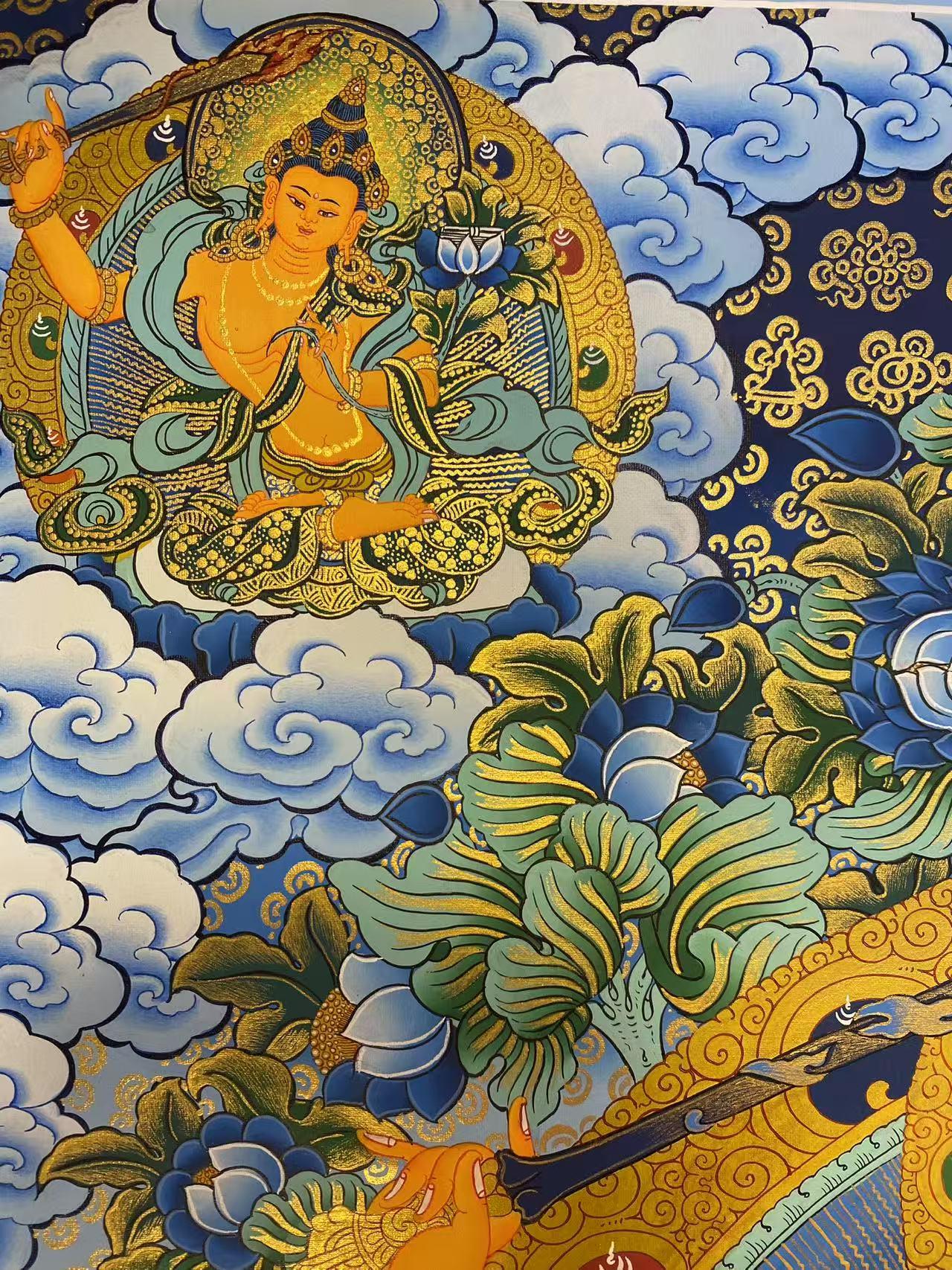 Sacred Tibetan-buddhist Manjusri thangka painting, hand-painted on thangka cloth using natural mineral pigments.