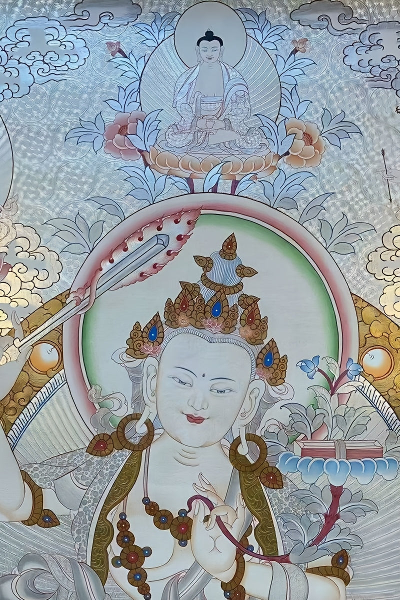 Hand-painted Tibetan thangka of Manjushri Bodhisattva, spiritual artwork for wisdom and meditation.