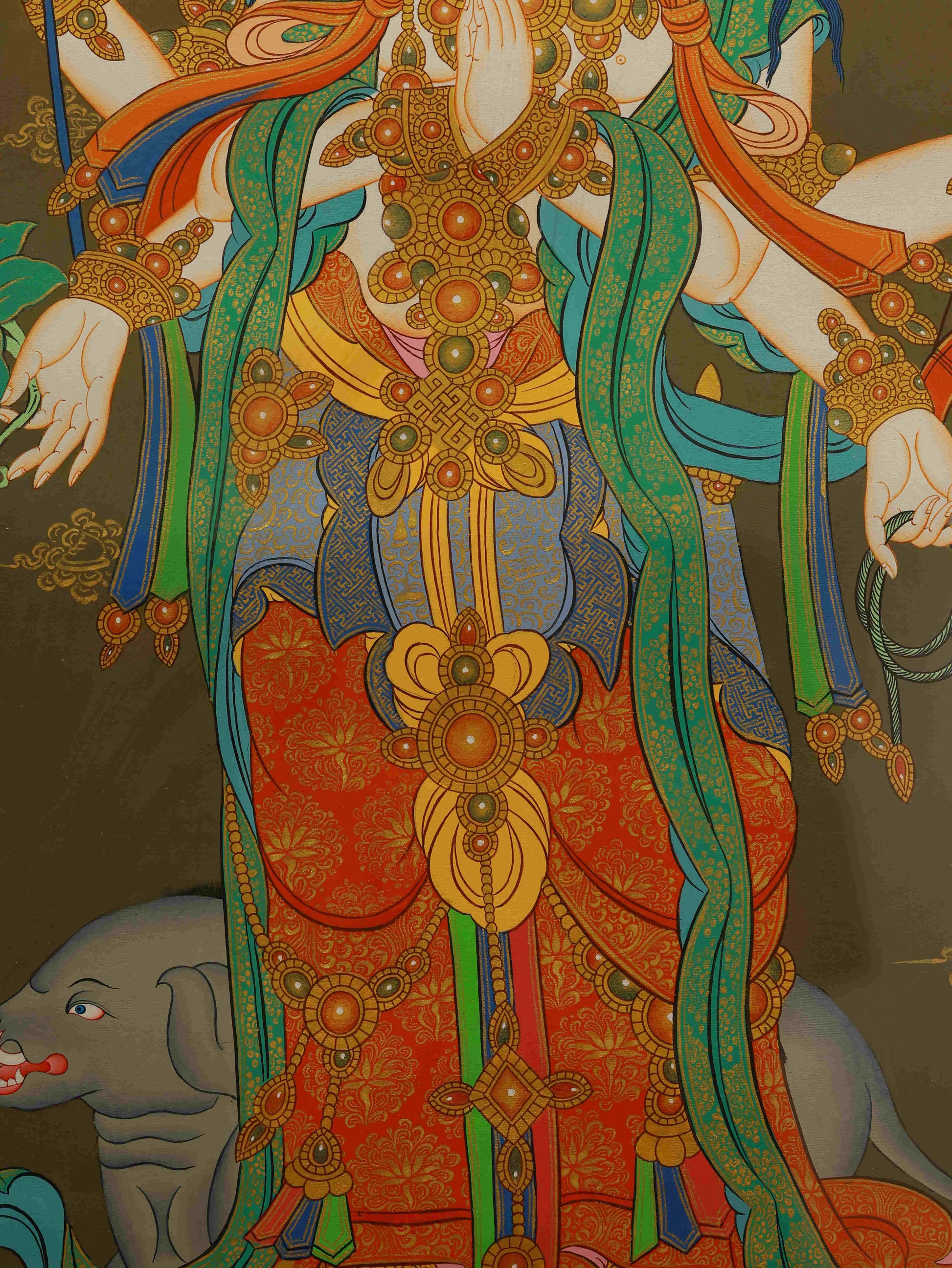 Authentic handmade Tibetan Thangka of Marici Bodhisattva, painted with natural mineral pigments on canvas.