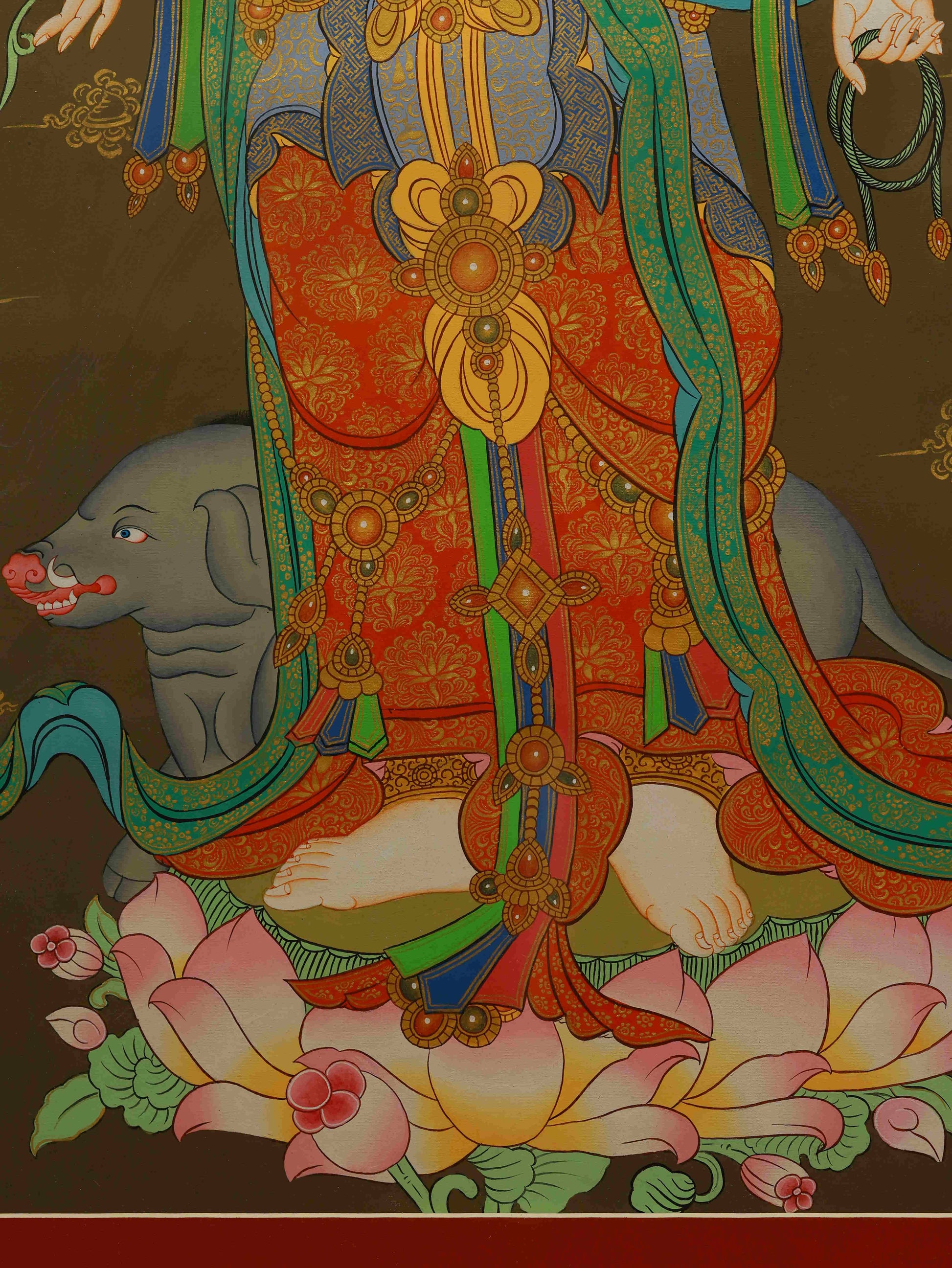 Sacred Marici Thangka painting in Tibetan Buddhist tradition, representing the goddess of dawn and invisible power.