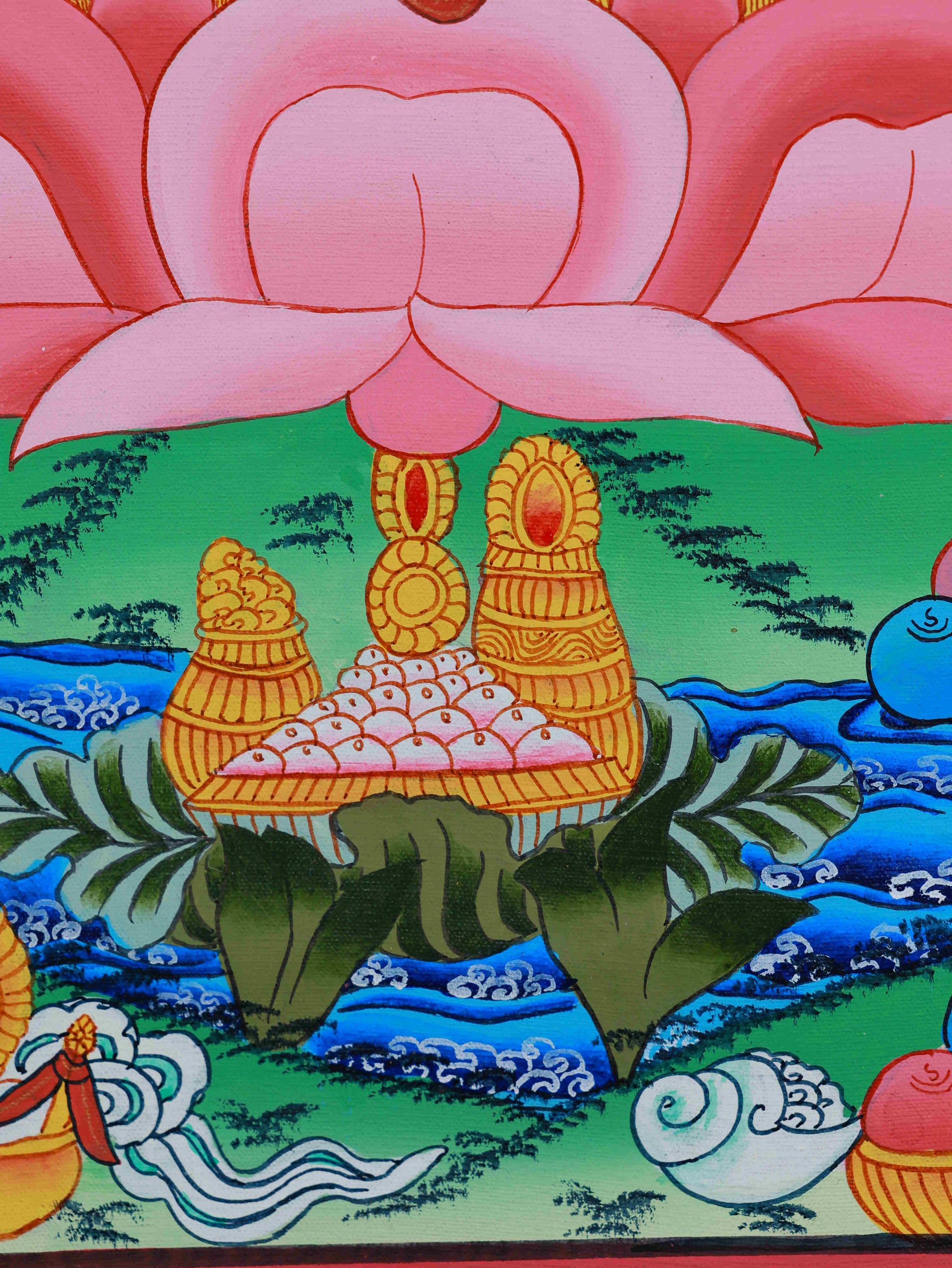 Medicine Buddha Thangka in Tibetan Buddhist style, hand-painted with mineral pigments, bringing harmony and protection.