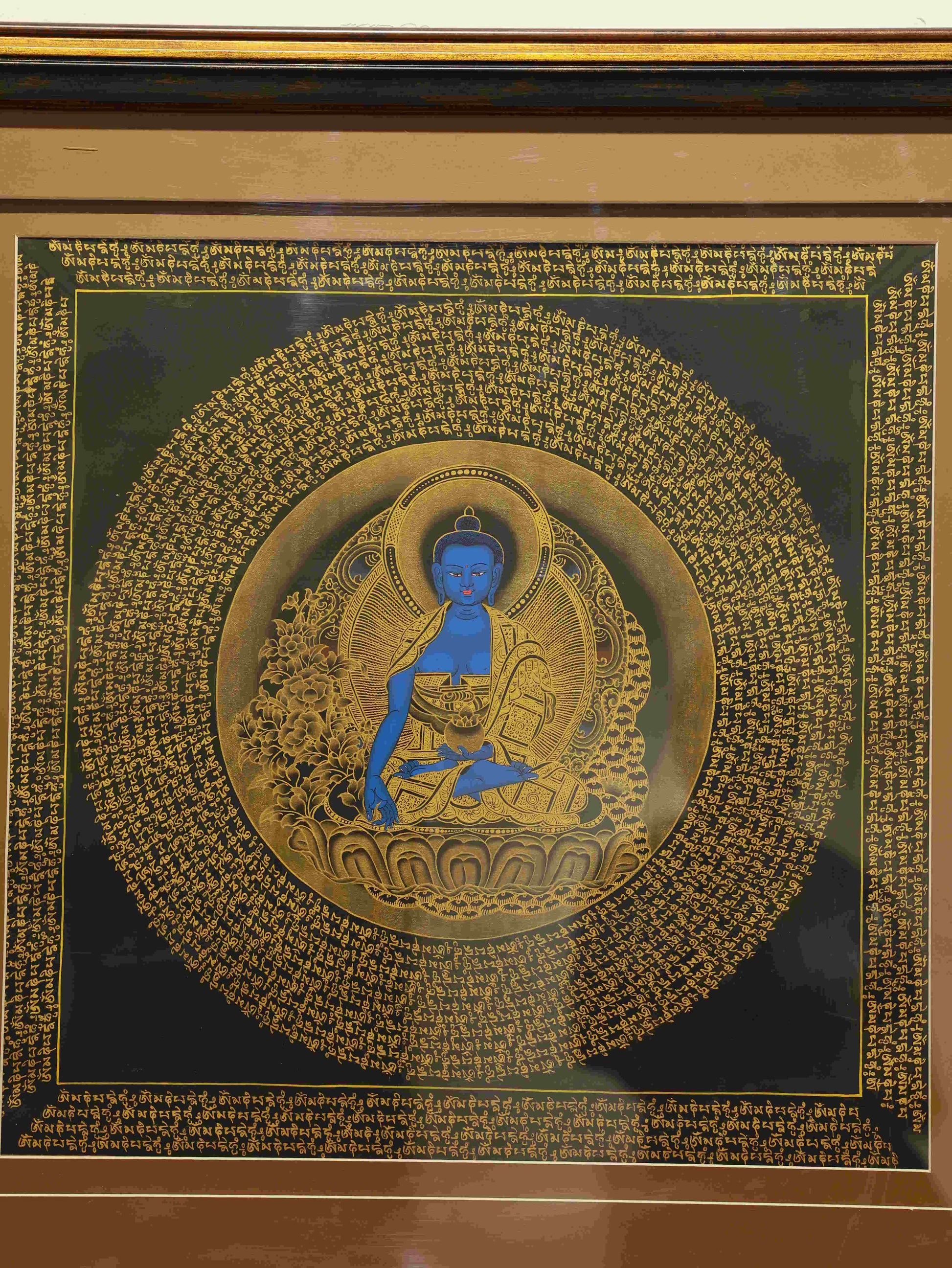 Hand-painted Tibetan Medicine Buddha Thangka symbolizing healing, compassion, and purification.