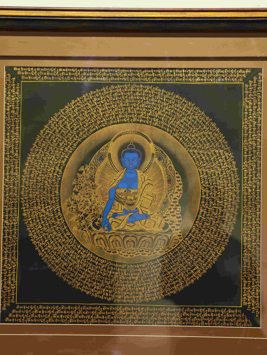 Hand-painted Tibetan Medicine Buddha Thangka symbolizing healing, compassion, and purification.