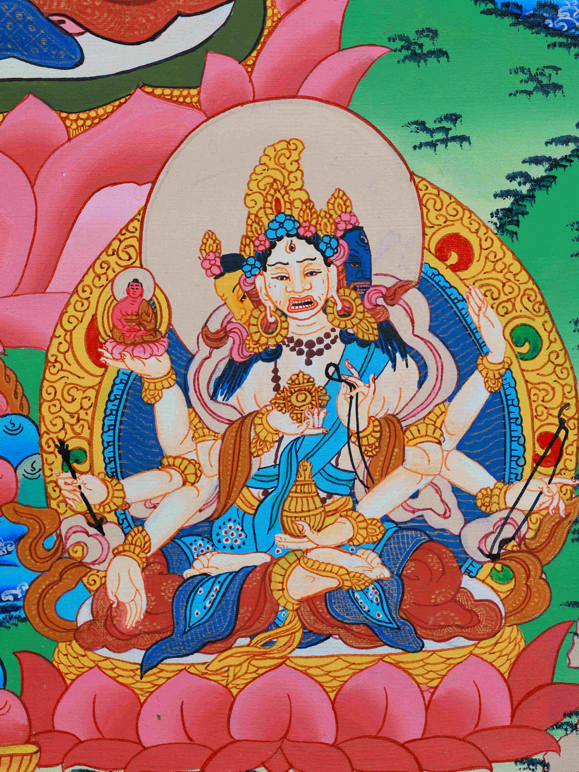 Medicine Buddha Tibetan Thangka painting on canvas, promoting wisdom, compassion, and spiritual balance.