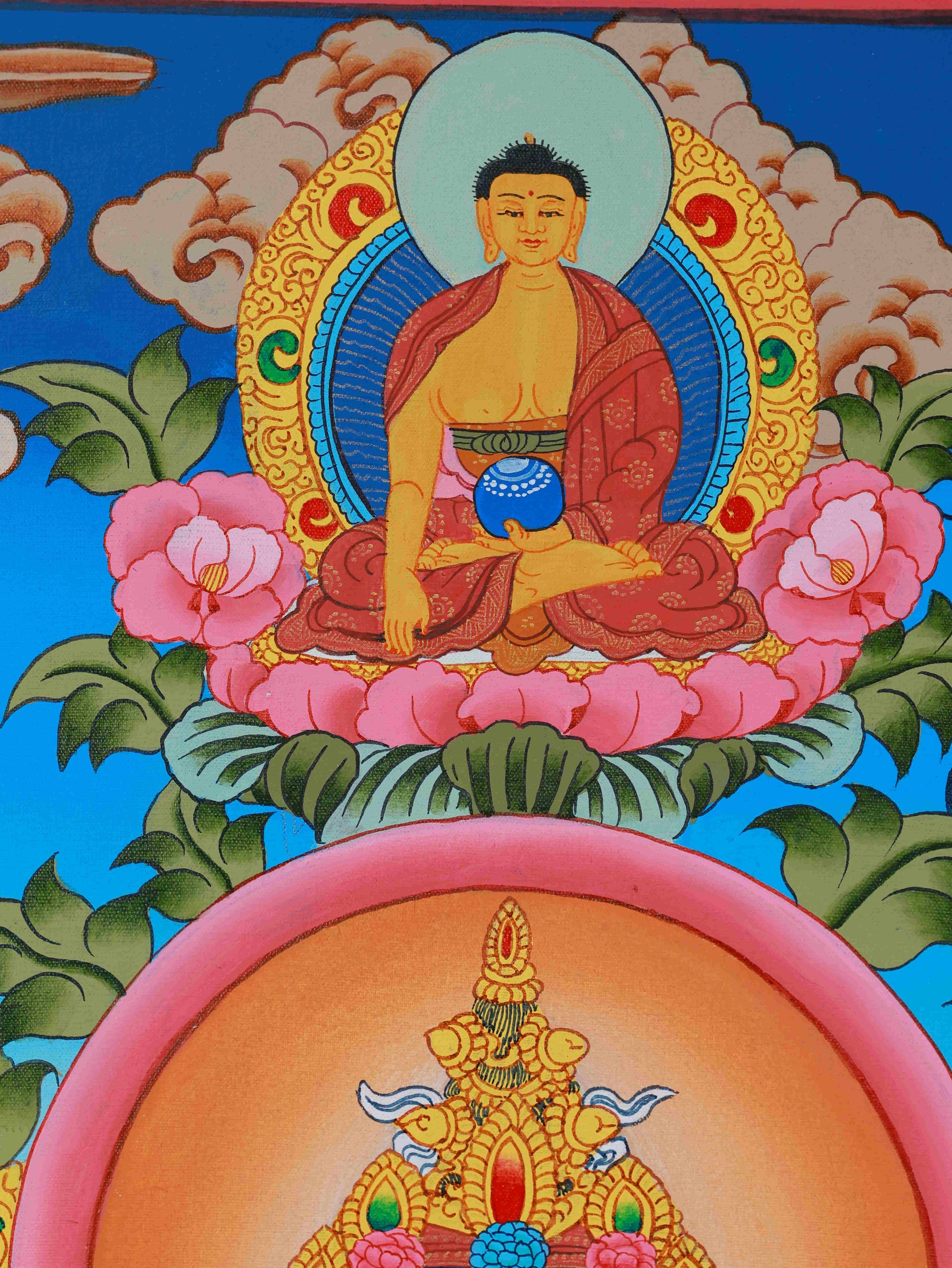 Tibetan Thangka of Medicine Buddha, hand-painted with mineral pigments, perfect for spiritual home decor or shrine.