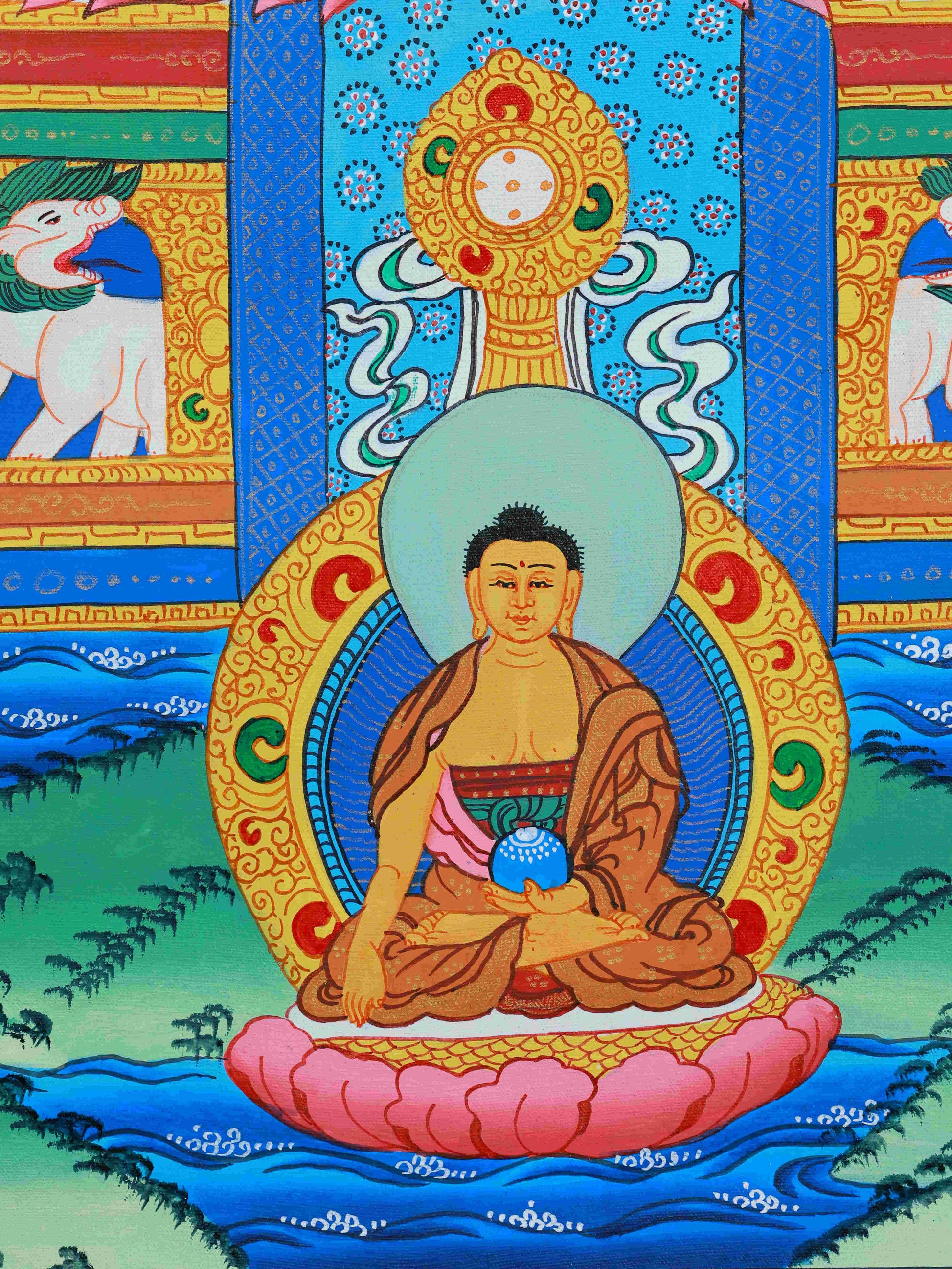 Colorful Tibetan Buddhist Thangka art of Medicine Buddha, hand-painted with natural pigments on canvas.