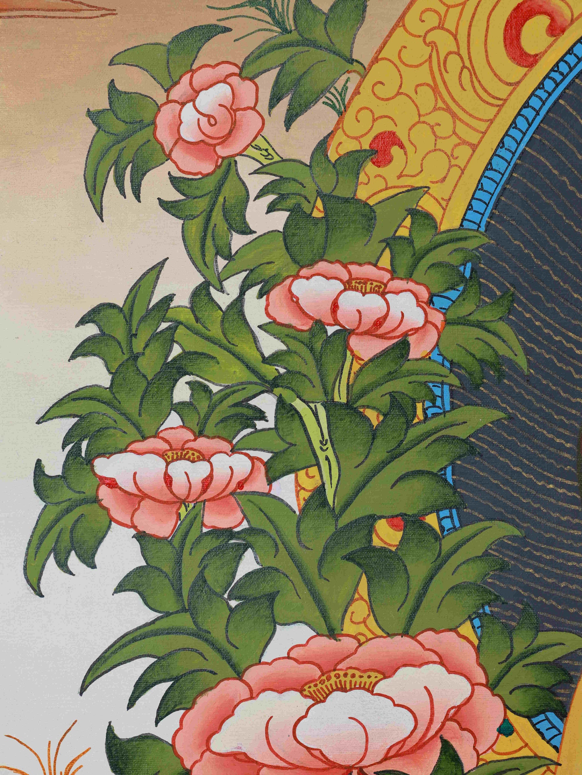 Shakyamuni Buddha Tibetan Buddhist Thangka painting ideal for meditation rooms, yoga studios, and sacred shrines.