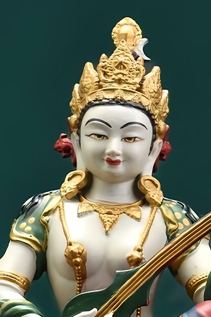 Sacred Tibetan-buddhist Miao Yin Goddess bronze statue, Tibetan Buddha art handmade with copper and mineral pigments for wisdom and artistic blessings.