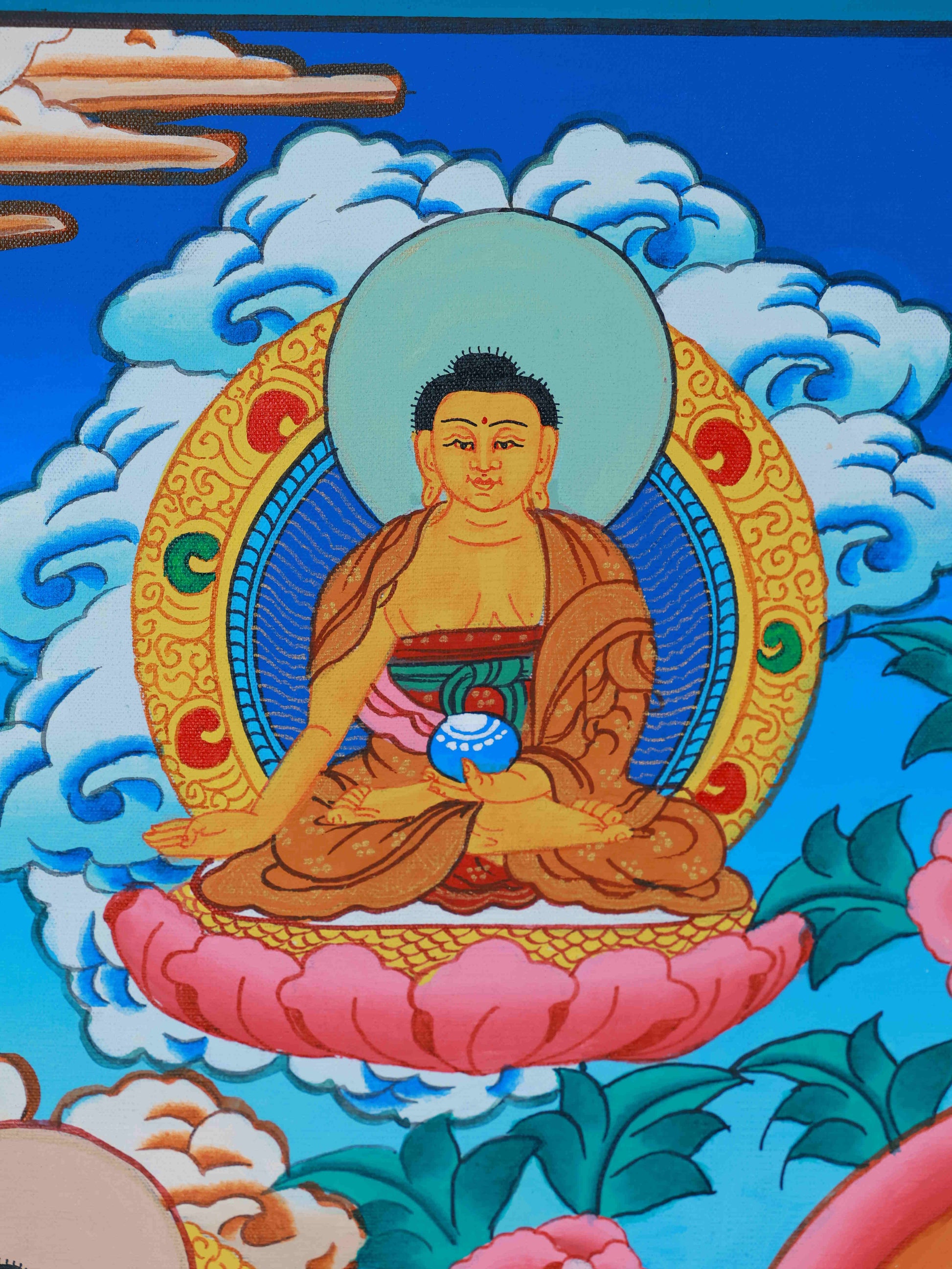 Pure hand-painted Tibetan Thangka of Medicine Buddha, created with devotion and traditional craftsmanship.