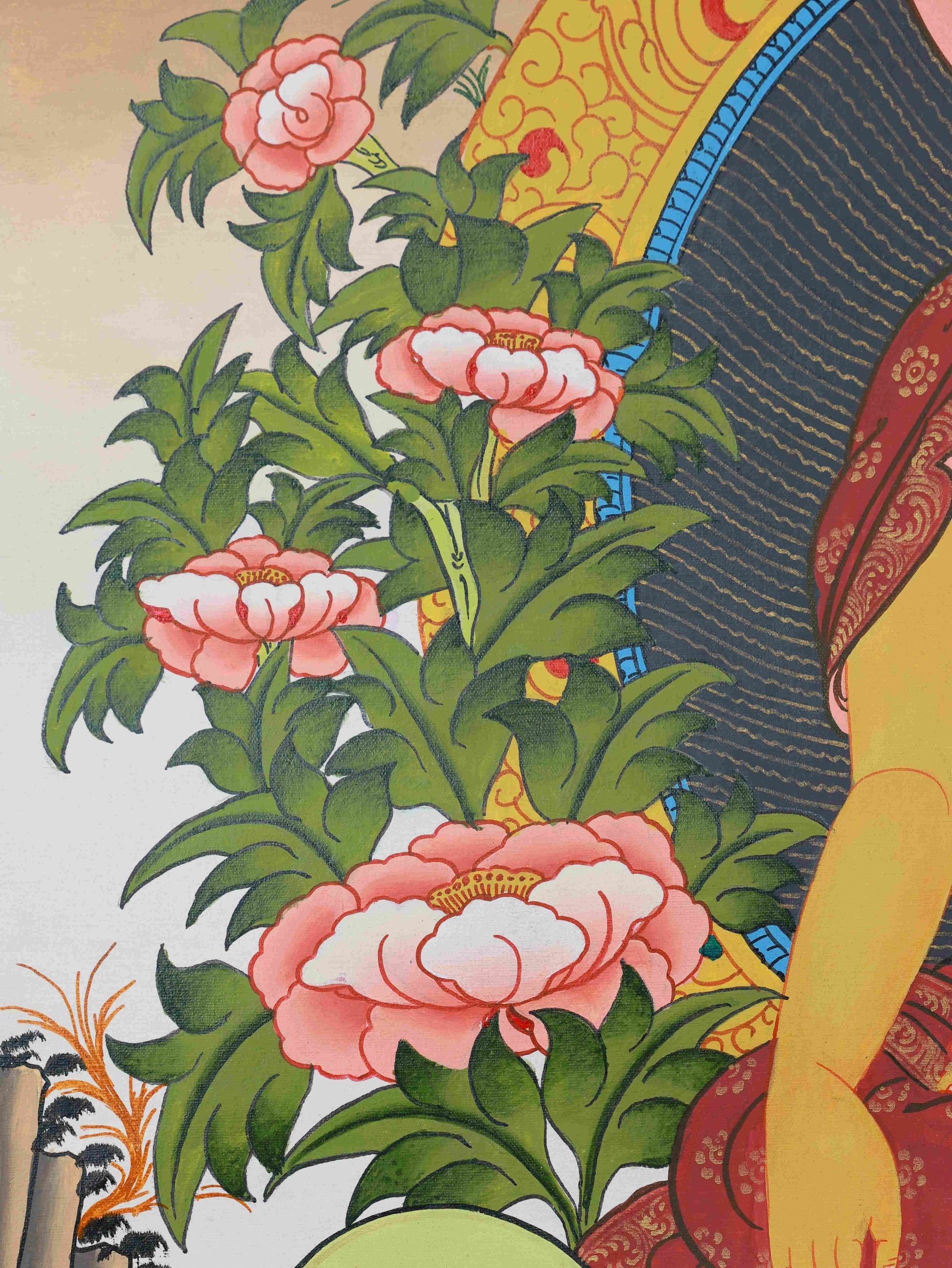 Tibetan Buddhist Thangka painting of Shakyamuni Buddha created with colored mineral pigments and fine brushwork.