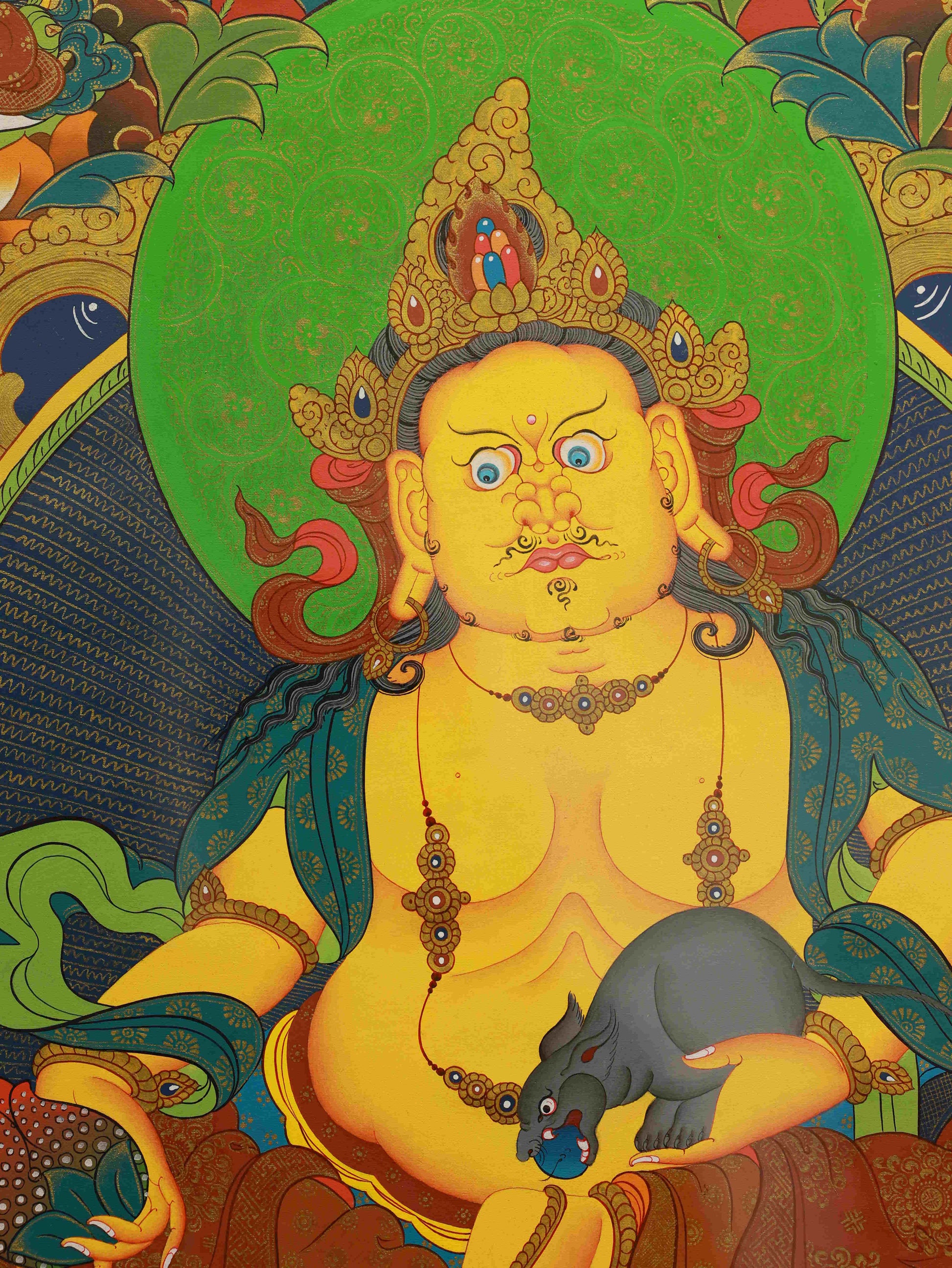 Pure hand-painted thangka of Namtose Yellow Dzambhala crafted on canvas with mineral pigments.