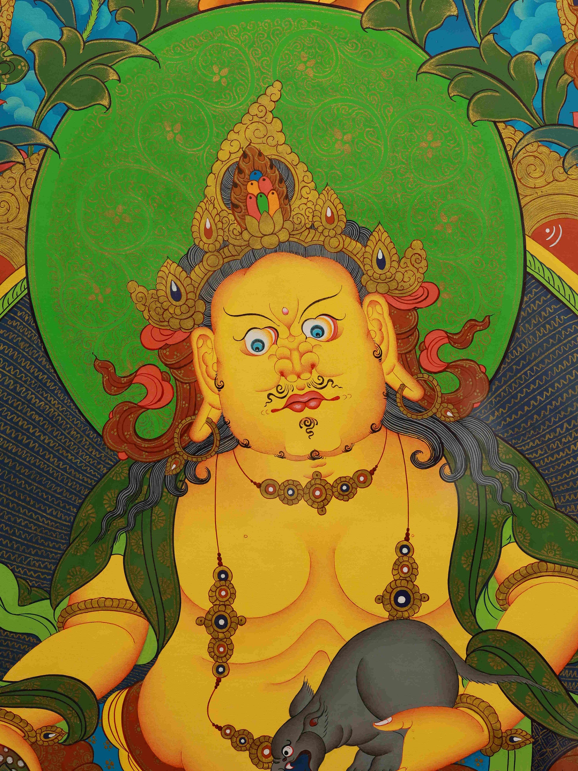 Hand-painted Yellow Dzambhala Thangka with mineral pigments on canvas.