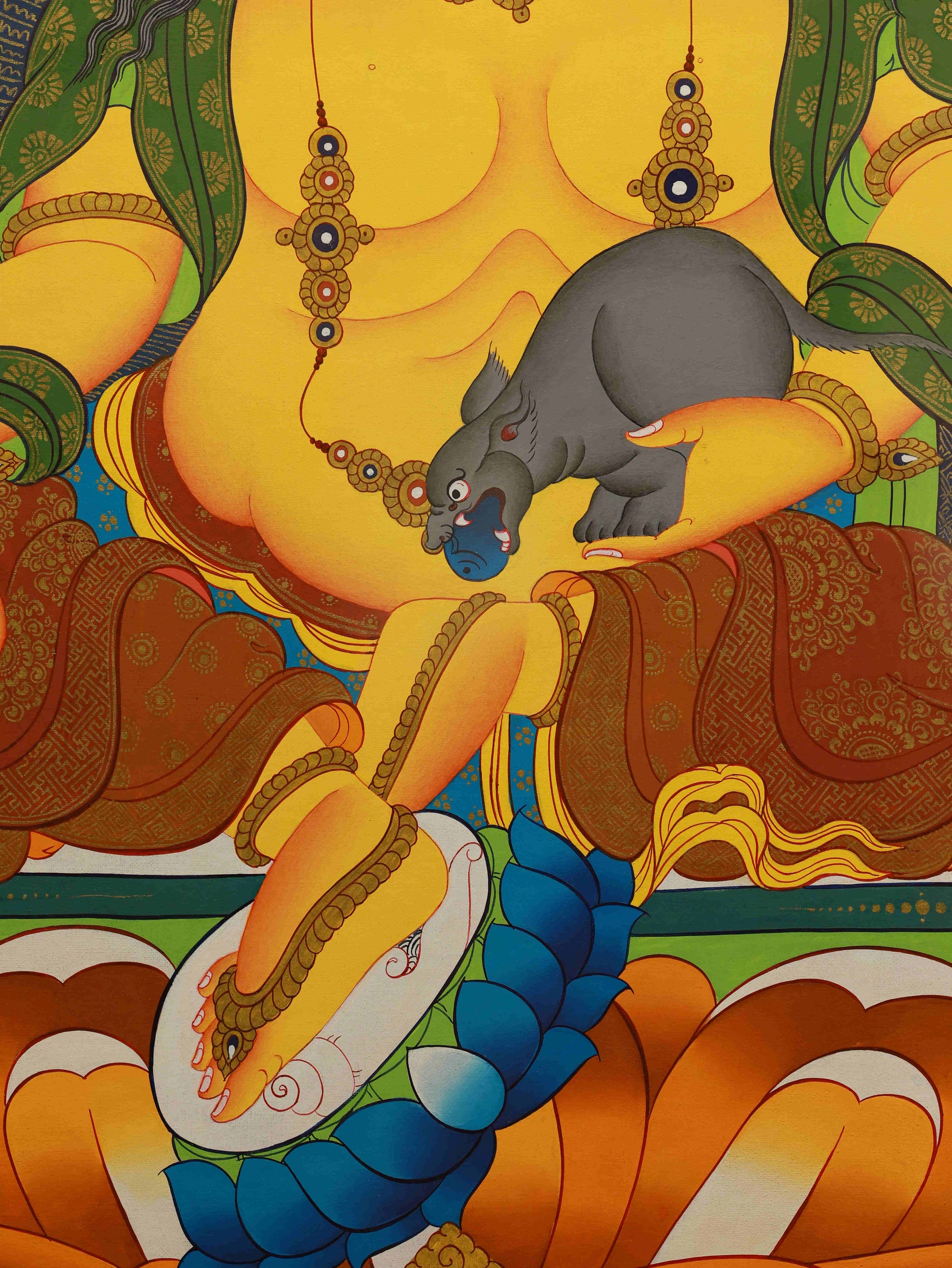 Tibetan Buddhist Wealth Deity Thangka – Yellow Dzambhala for fortune and blessings.