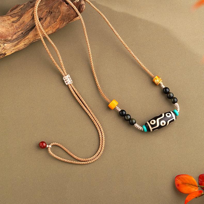 Handmade Tibetan Buddhist Nine Eyes Agate Pendant Necklace with Copper and Silver Obsidian – Spiritual Protection Jewelry