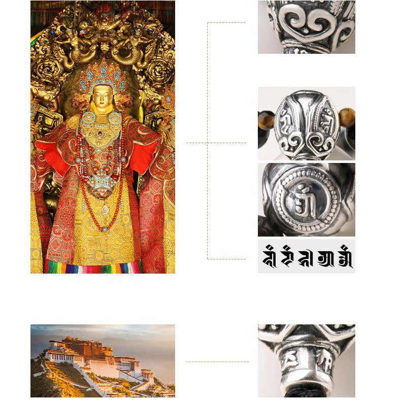 Tibetan Buddhist obsidian mala necklace with tiger eye accents and adjustable cord design