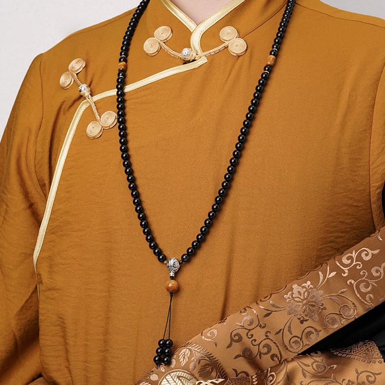 Tibetan Buddhist artisan mala made of obsidian tiger eye and 925 silver connector