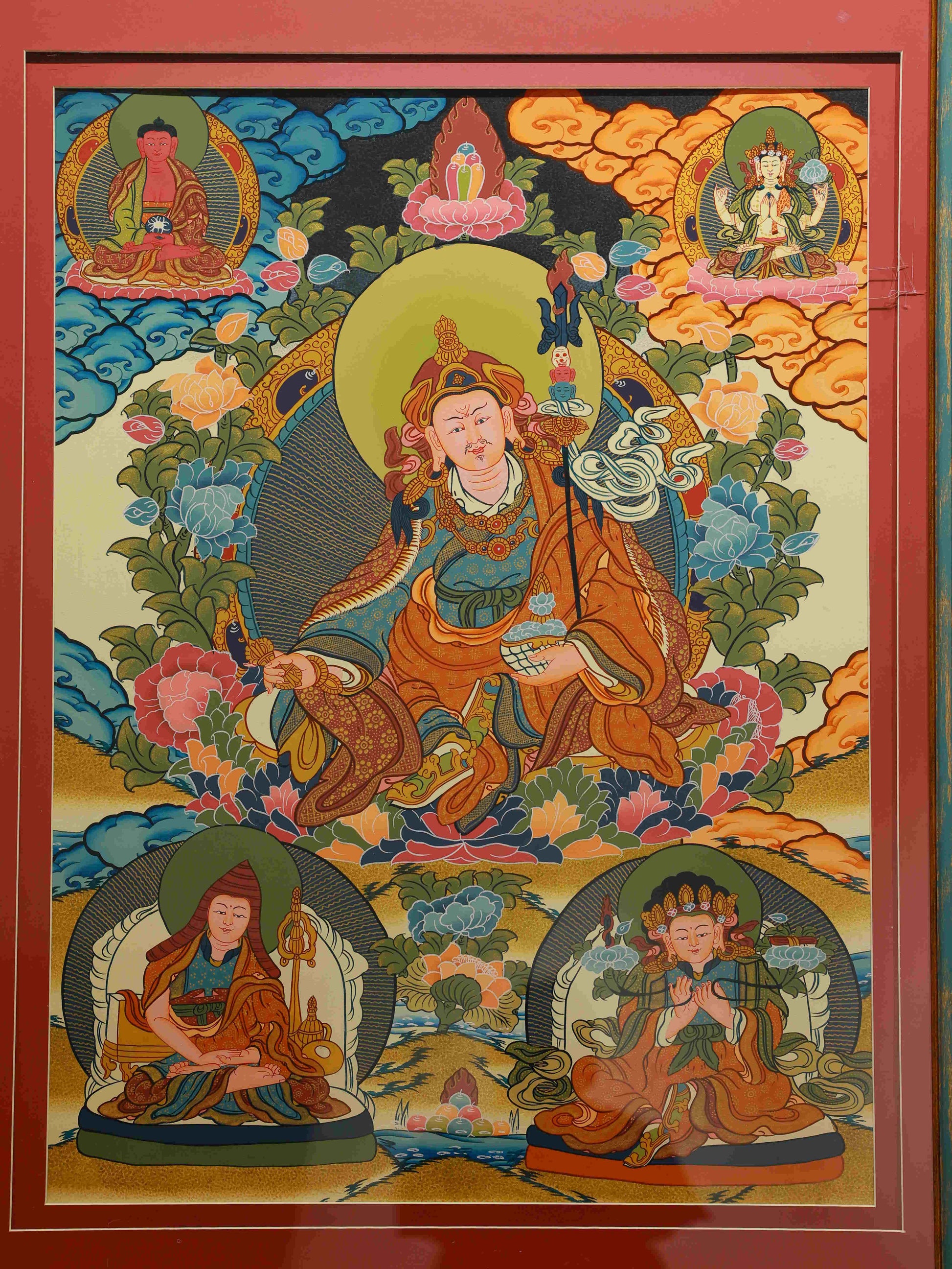 Hand-painted Padmasambhava Tibetan Thangka symbolizing protection, wisdom, and spiritual power.