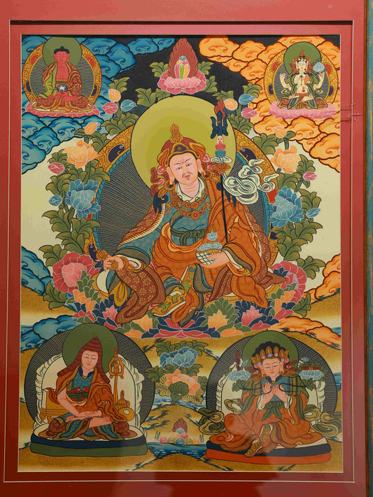 Hand-painted Padmasambhava Tibetan Thangka symbolizing protection, wisdom, and spiritual power.