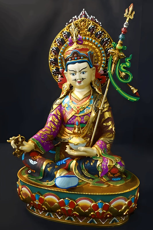 Handmade brass Padmasambhava Statue, Tibetan Buddhist statues with colorful mineral pigments, sacred Buddha Statue Art for wisdom and protection.
