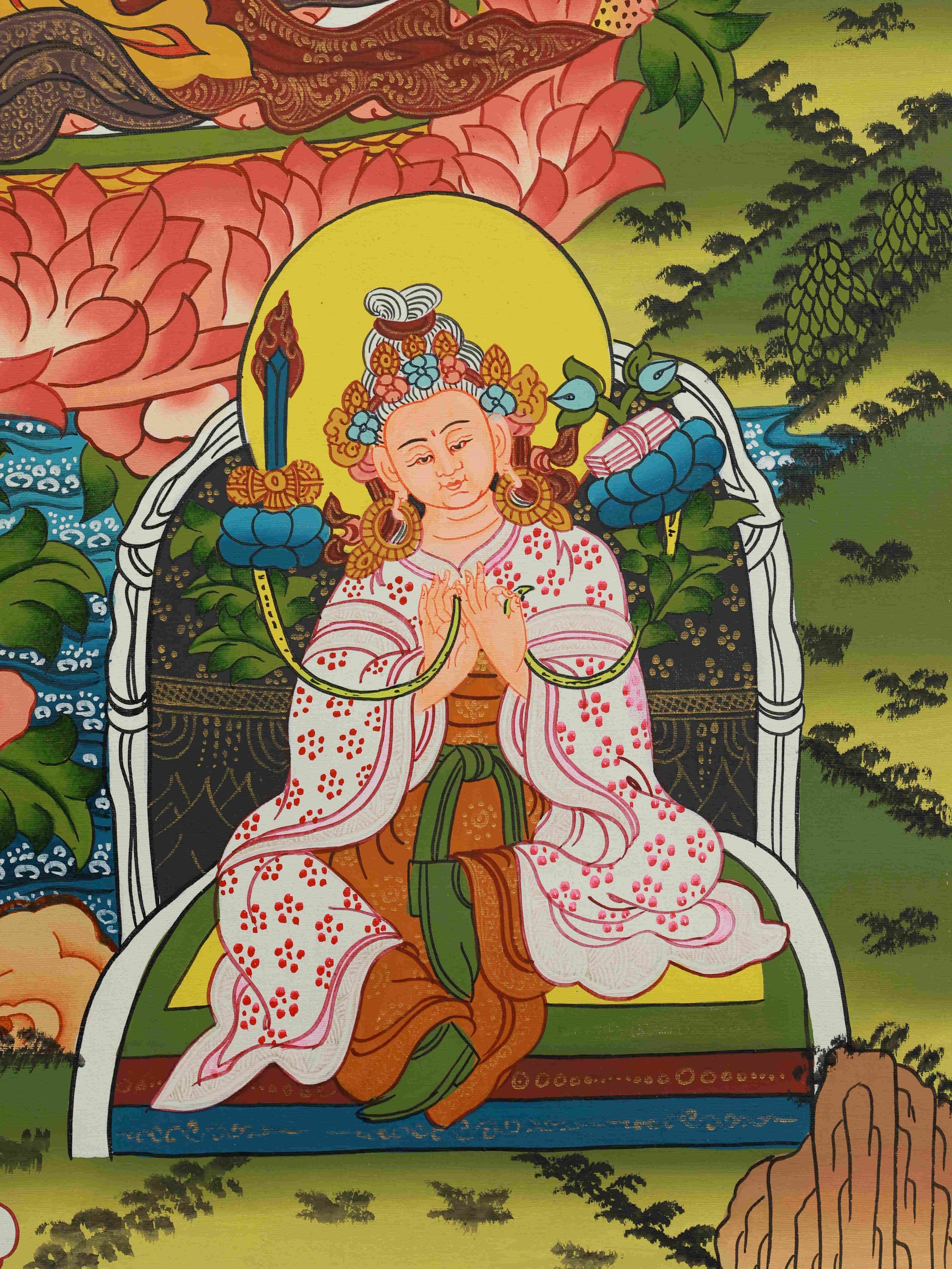Traditional Tibetan-Buddhist Padmasambhava Thangka with intricate hand-drawn details, Tibetan Buddha art for shrine display.